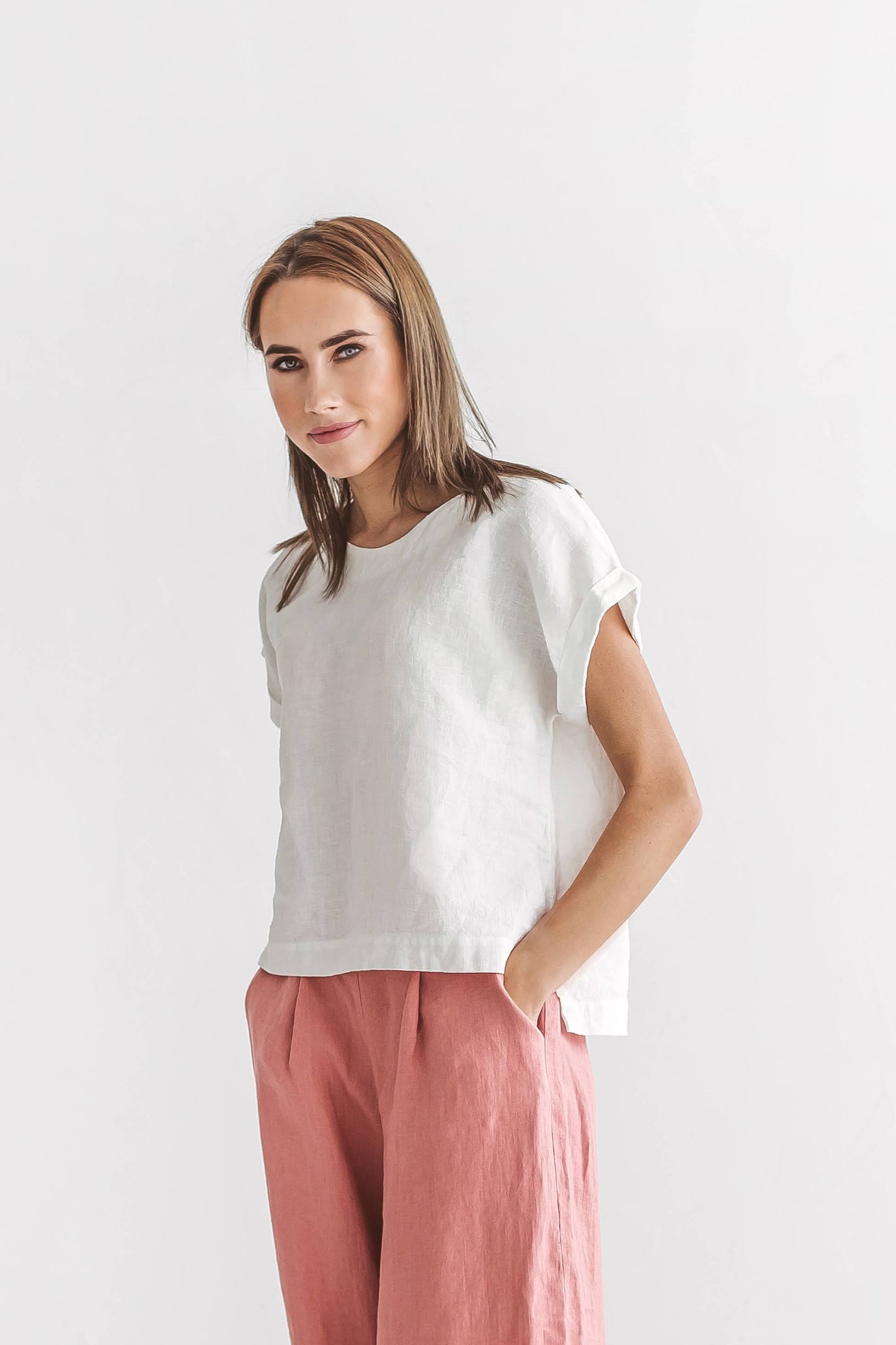 Debra linen top smile closeup with linen pants handmade linen top slow fashion