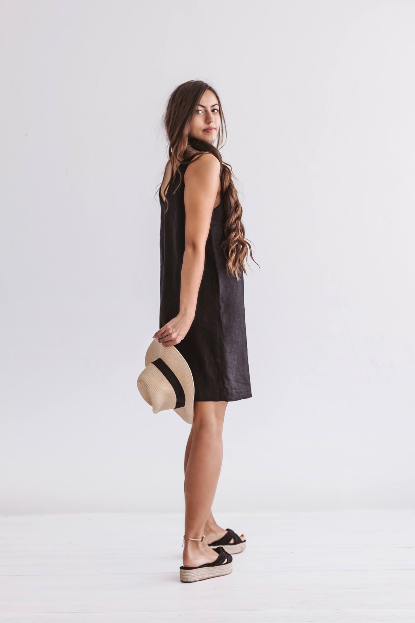 Ella linen dress three quarter view handmade linen dress slow fashion