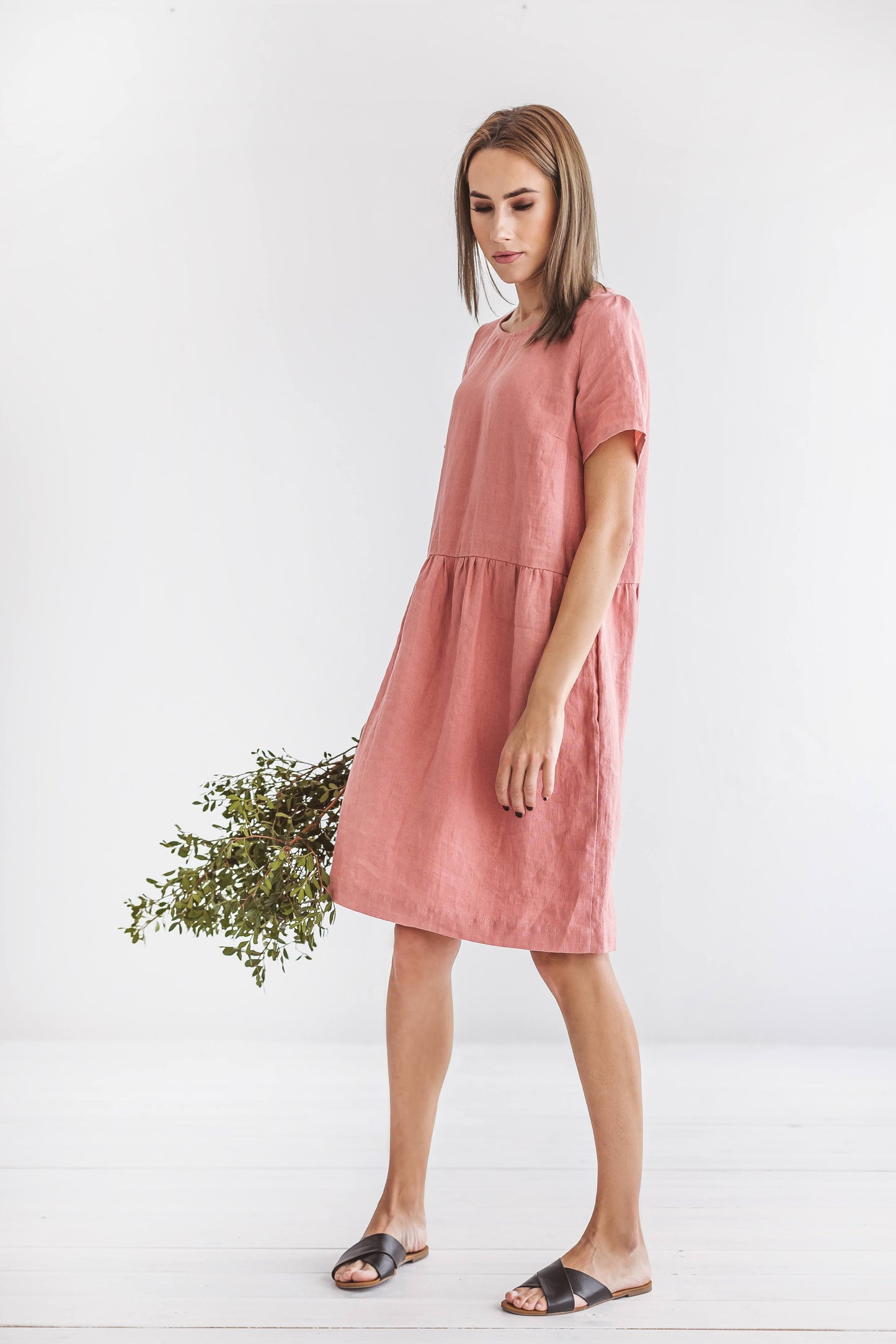 AMELIA linen dress salmon side view handmade linen dress slow fashion