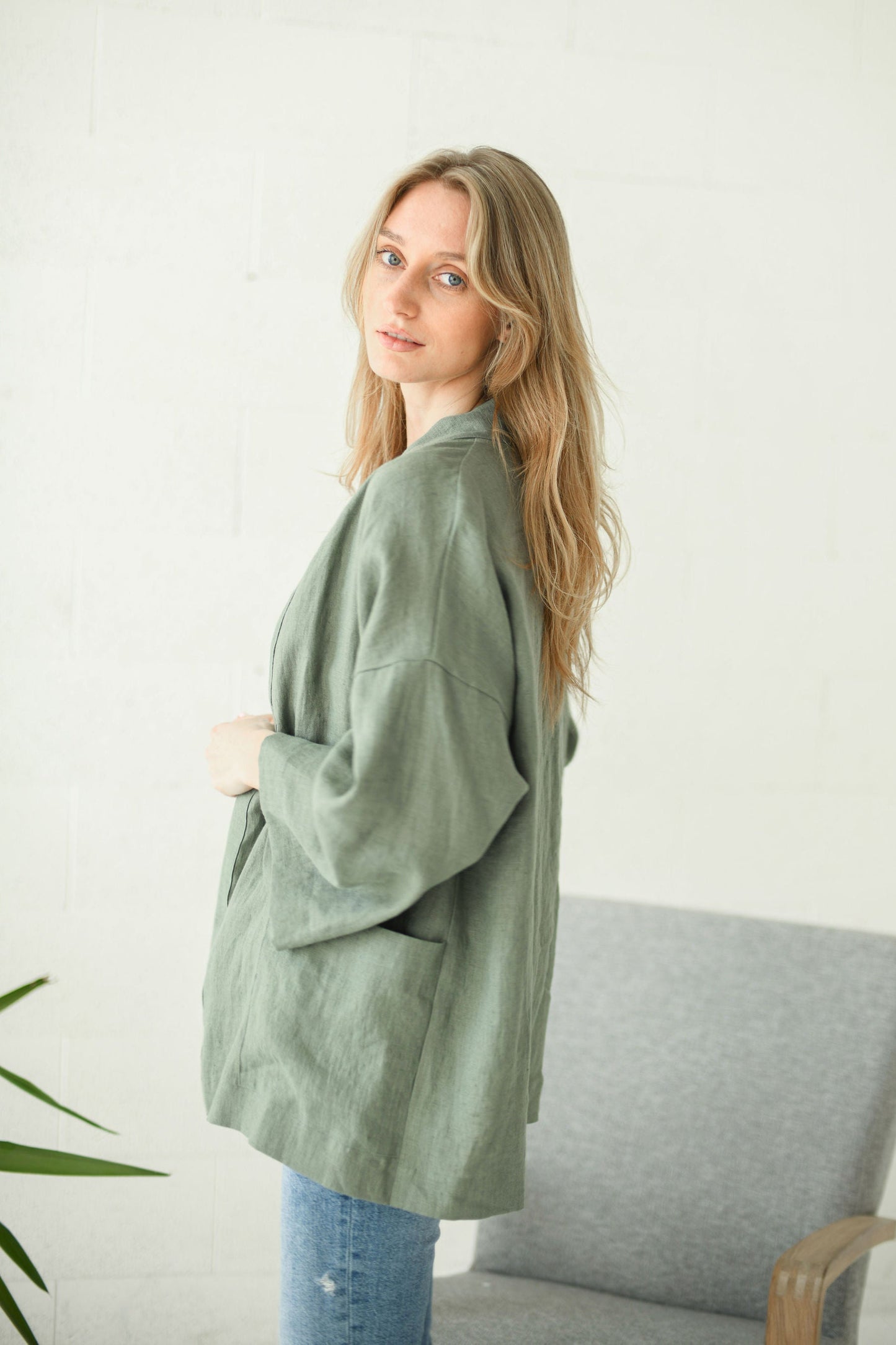 APRIL khaki linen jacket side view handmade linen jacket slow fashion