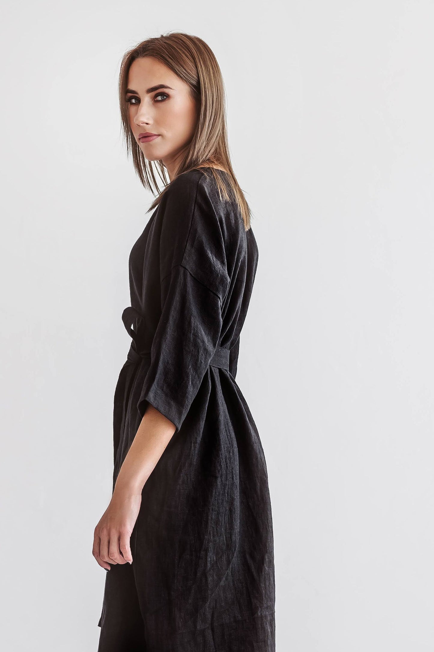 ARIA black linen dress belted three quarter right side view handmade linen dress slow fashion