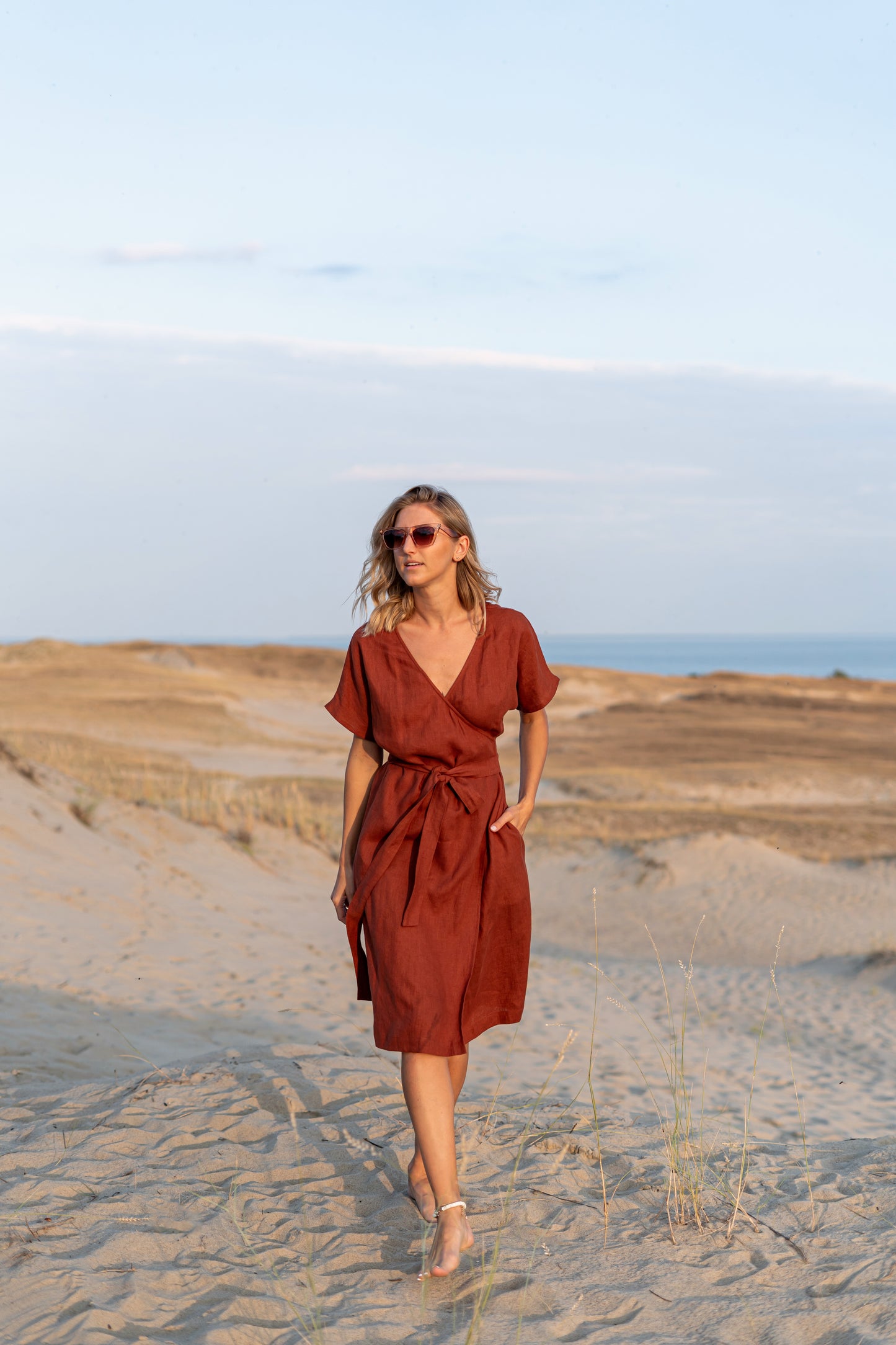 Emma linen dress tie waist detail handmade linen dress slow fashion