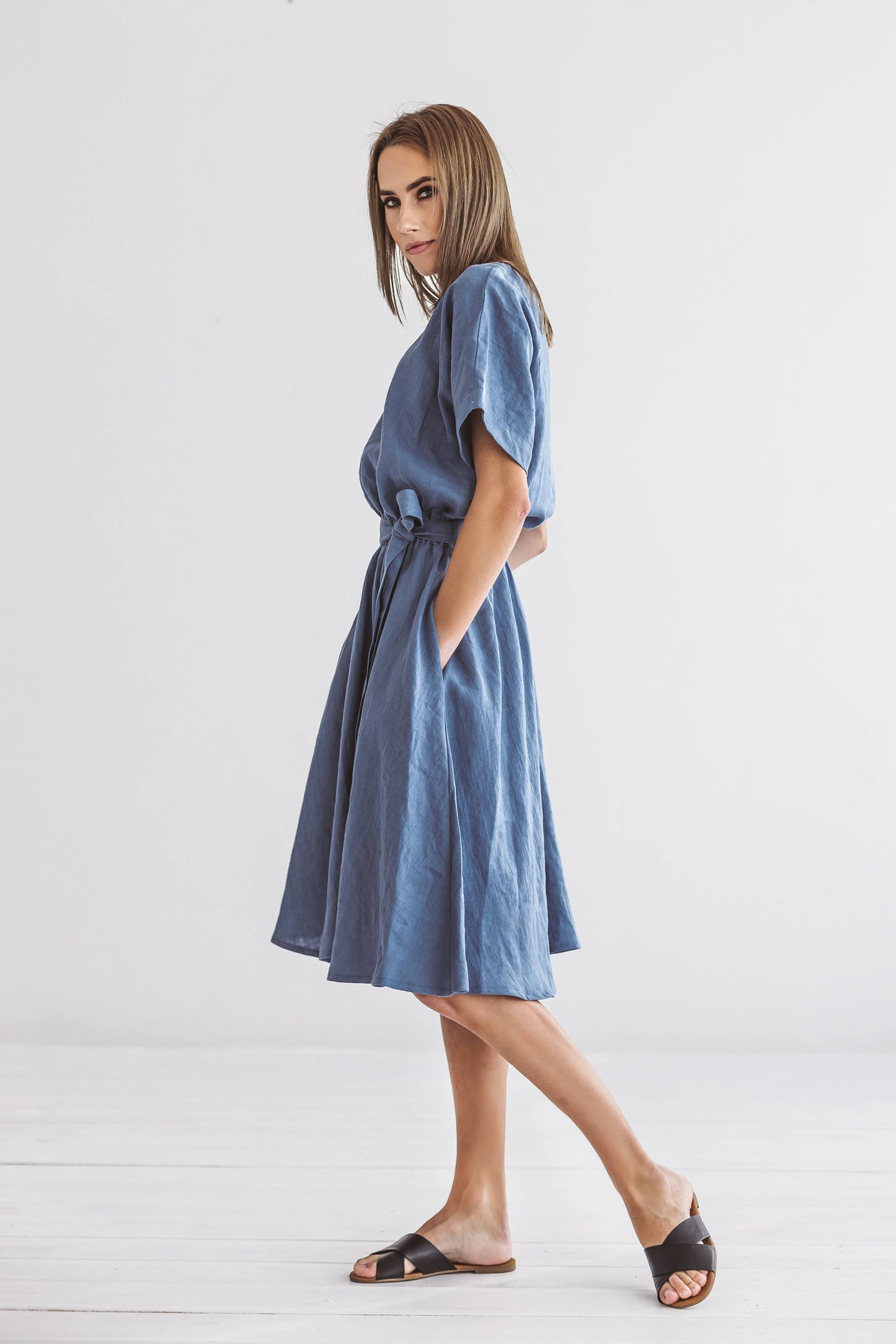 Front view of the Kate linen dress with gathered waist and short loose sleeves
