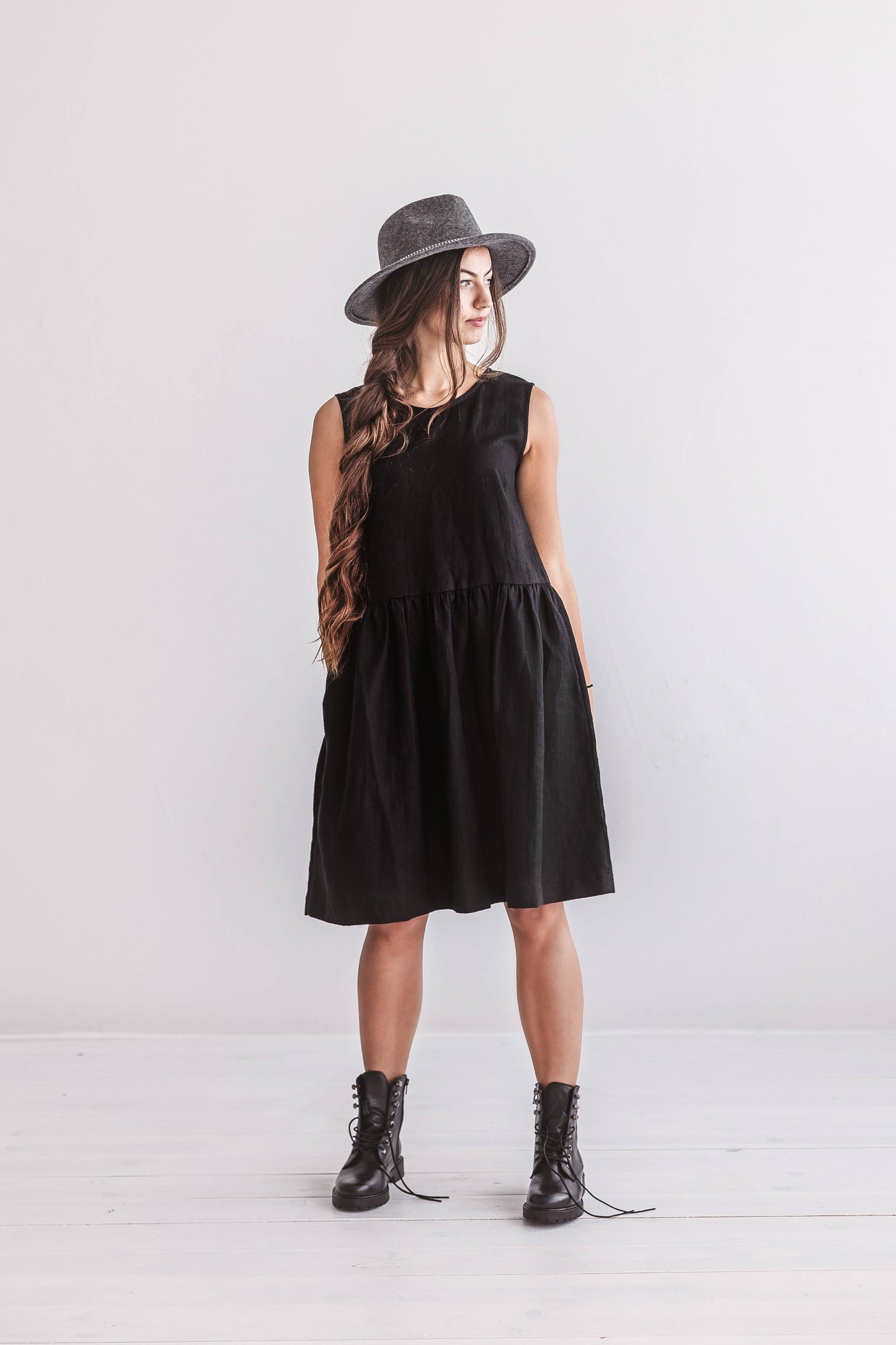 Front view of the Kelly linen dress with softly flared shape and relaxed fit