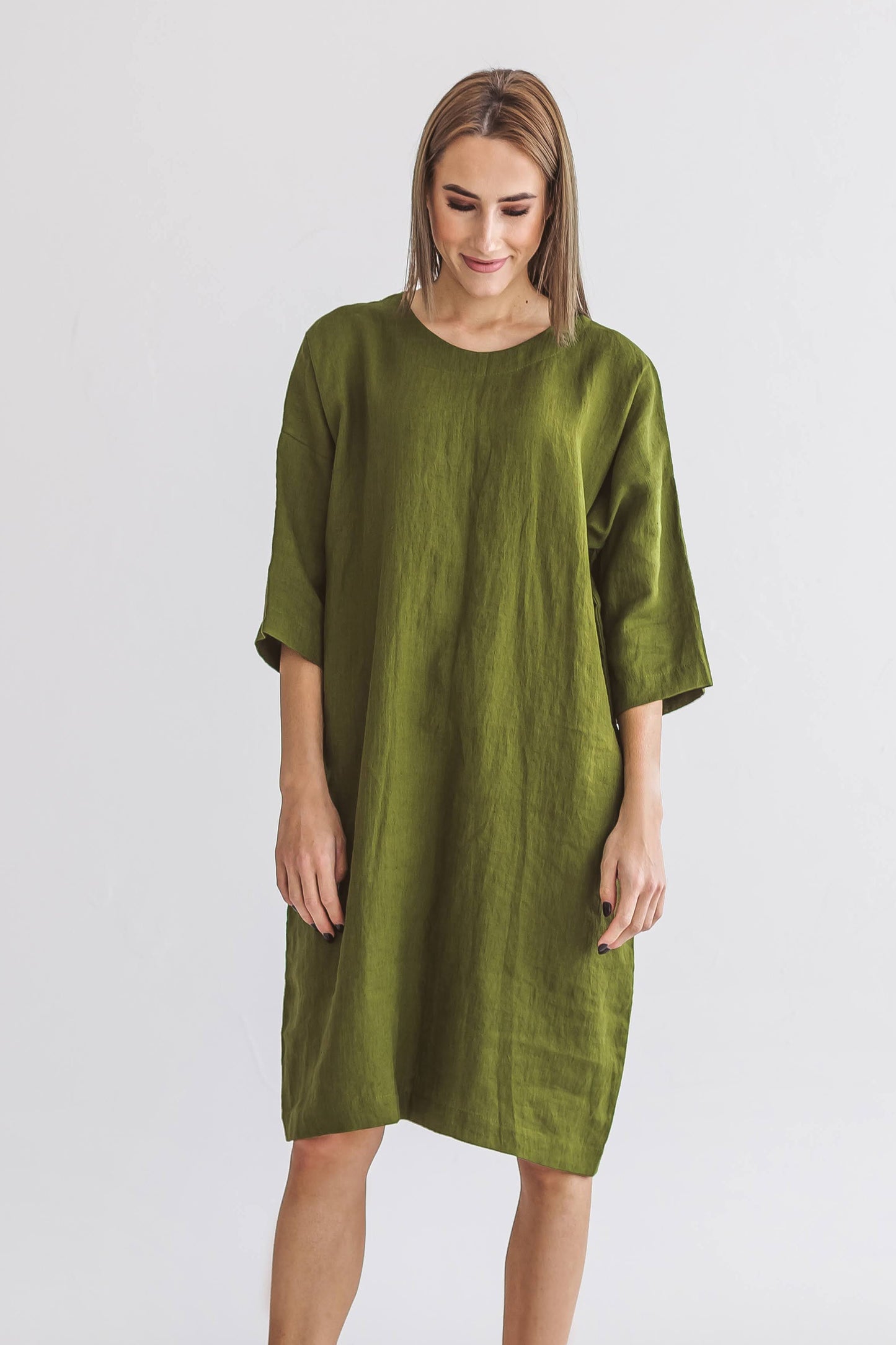 ARIA olive green linen dress front full view handmade linen dress slow fashion