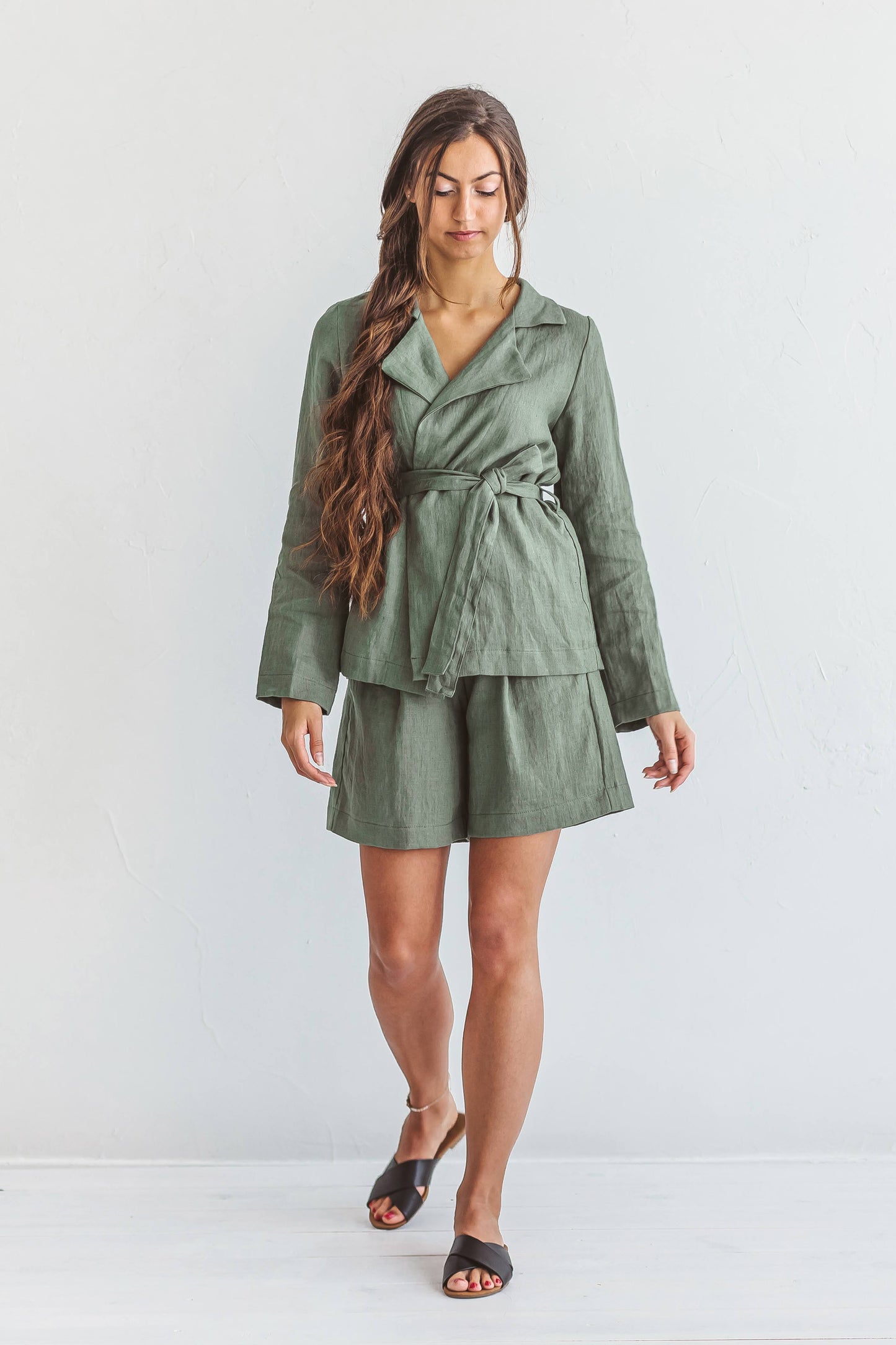 Linen jacket front view on model