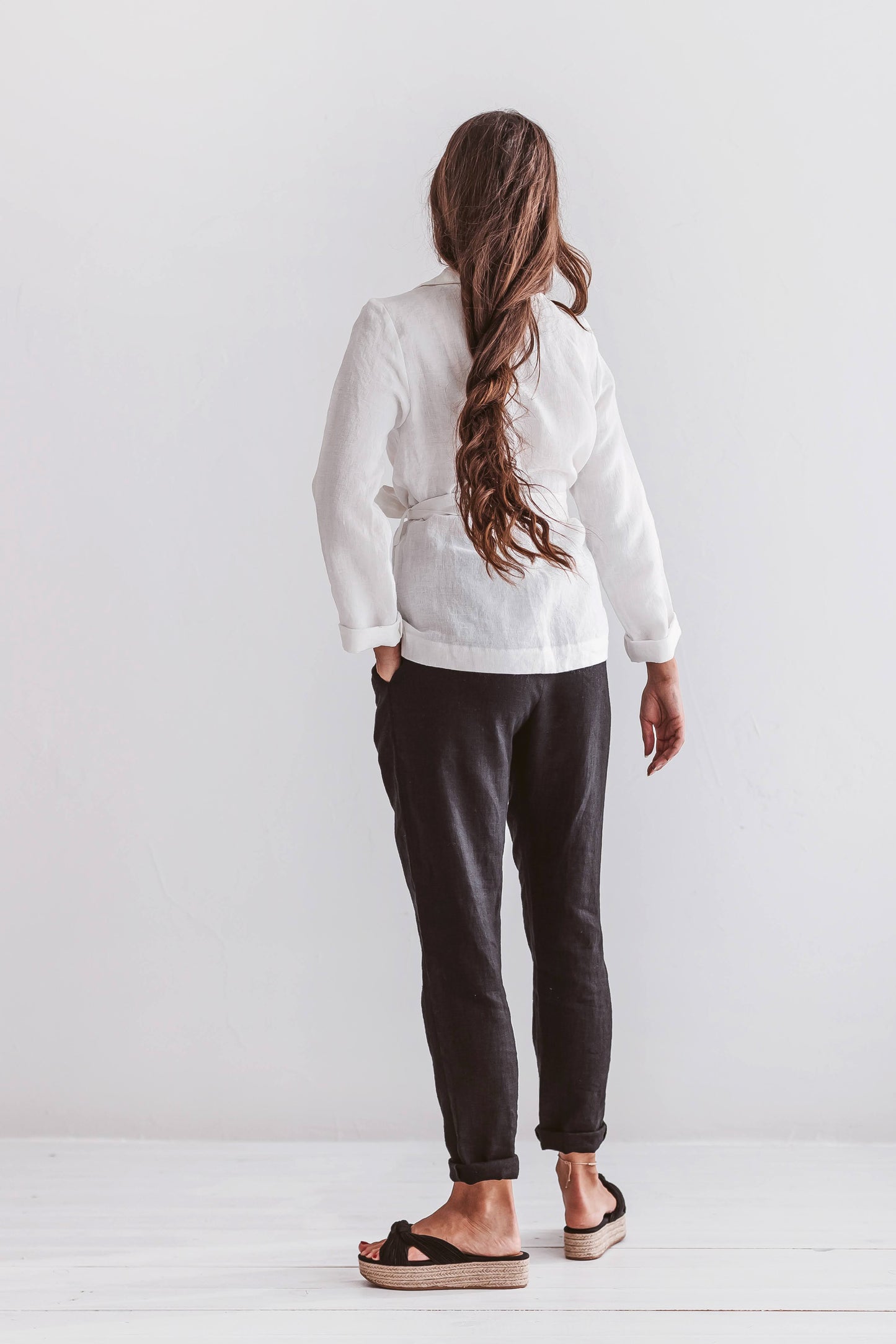 White linen wrap jacket back full view showing soft drape, handmade linen jacket slow fashion
