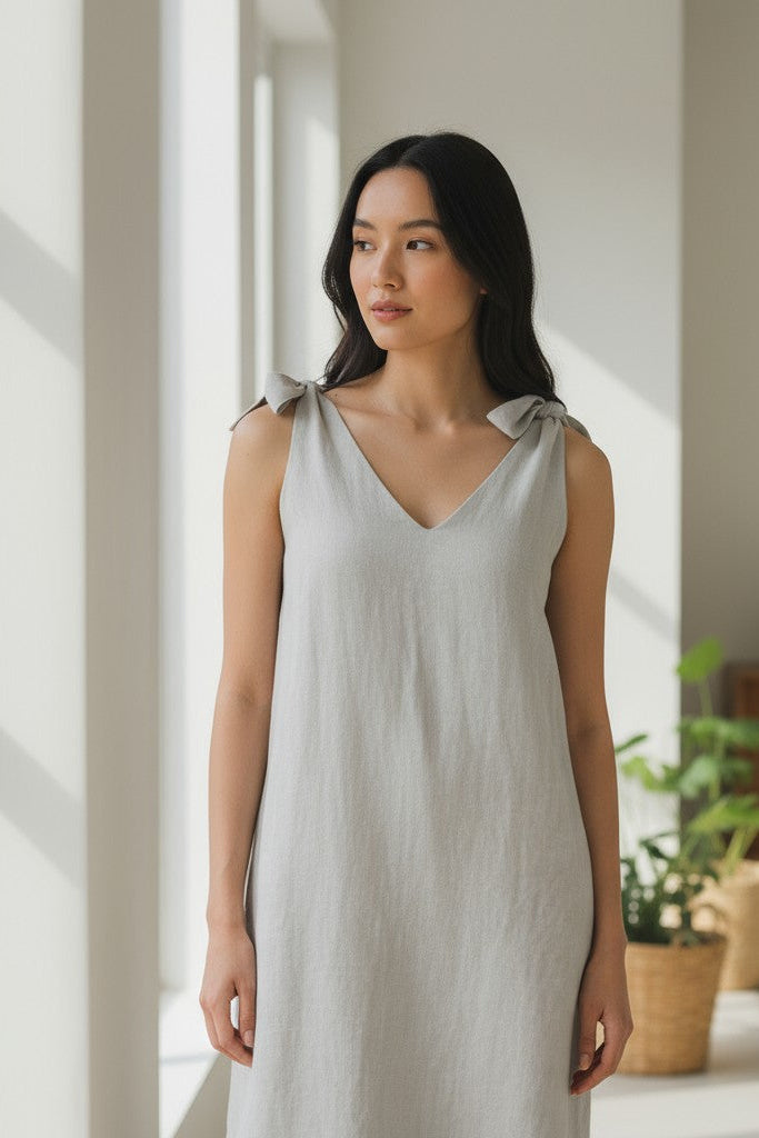 Grey linen dress front view standing indoors showing minimalist design, handmade linen dress slow fashion