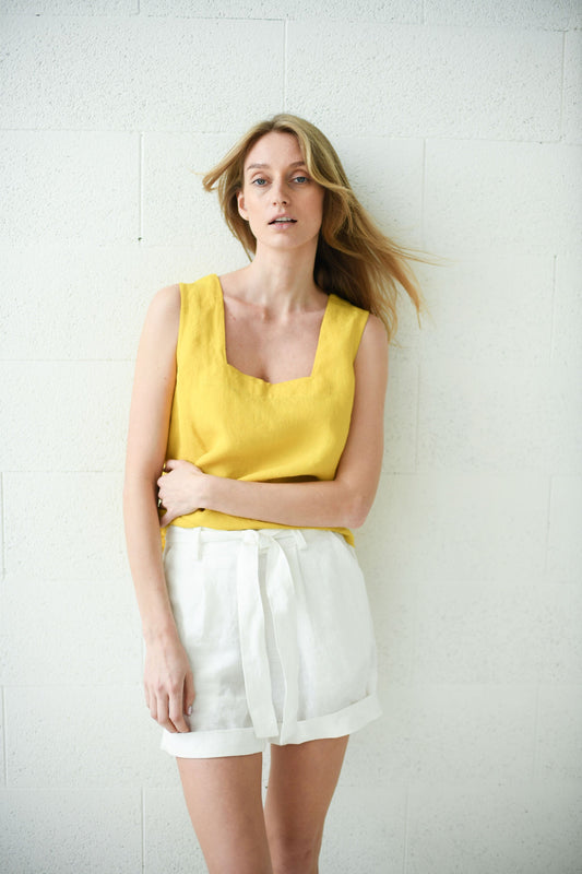 Adele linen top with linen shorts front portrait look relaxed minimalist style