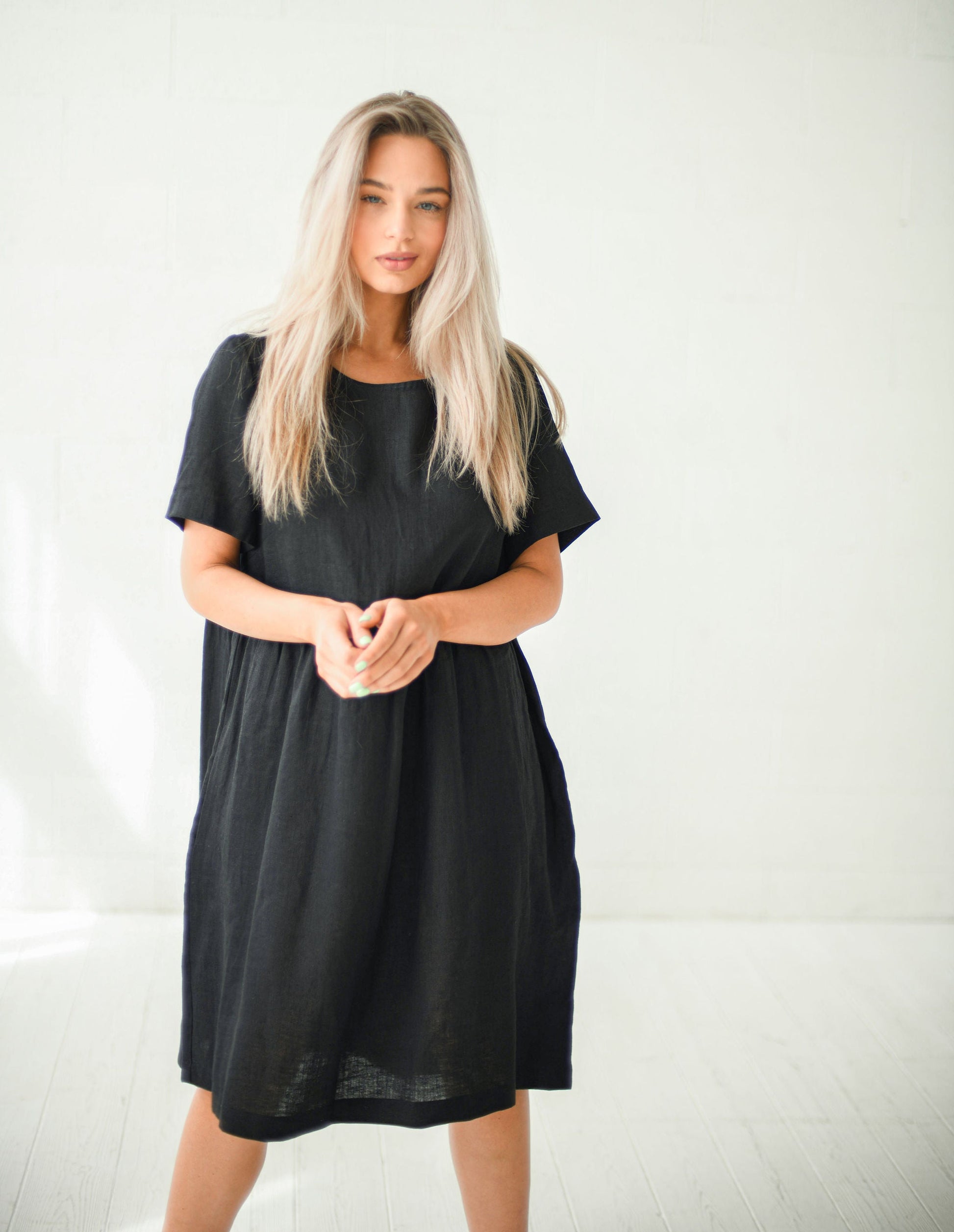 Alba black oversized linen dress front close up view studio handmade linen dress slow fashion
