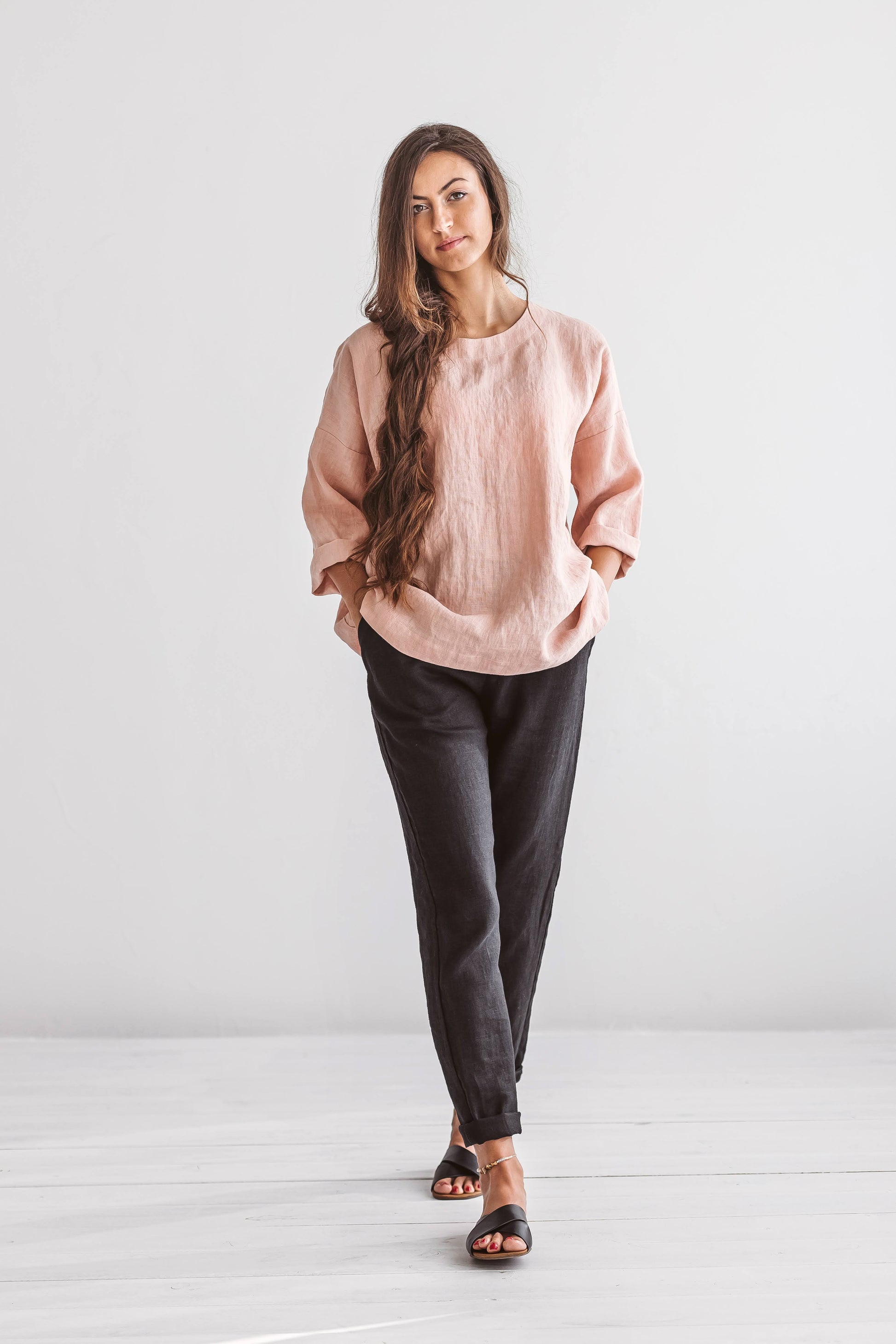 Camilla linen top front half body view elegant casual outfit