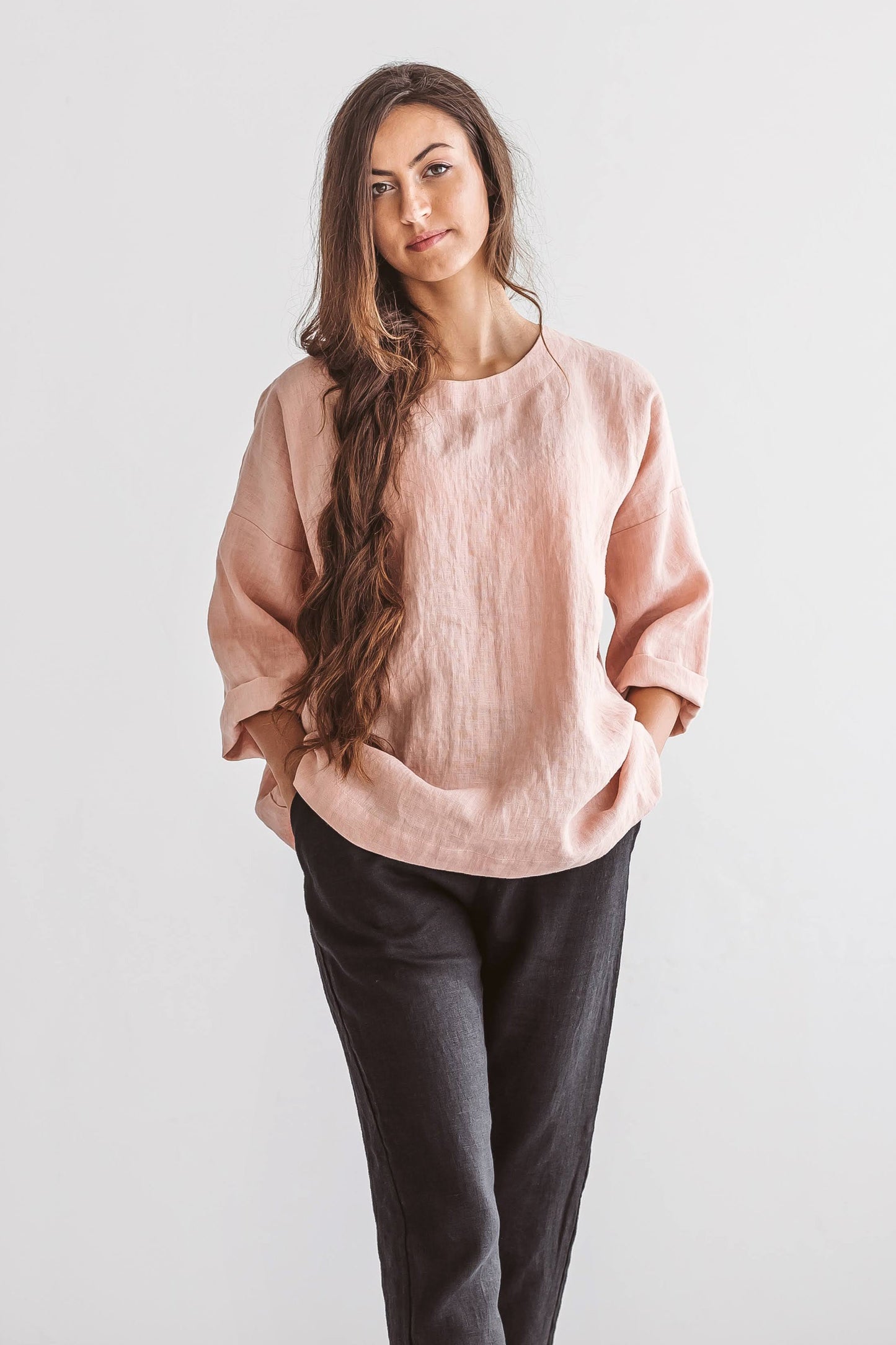 Camilla linen top side half body view showing natural drape