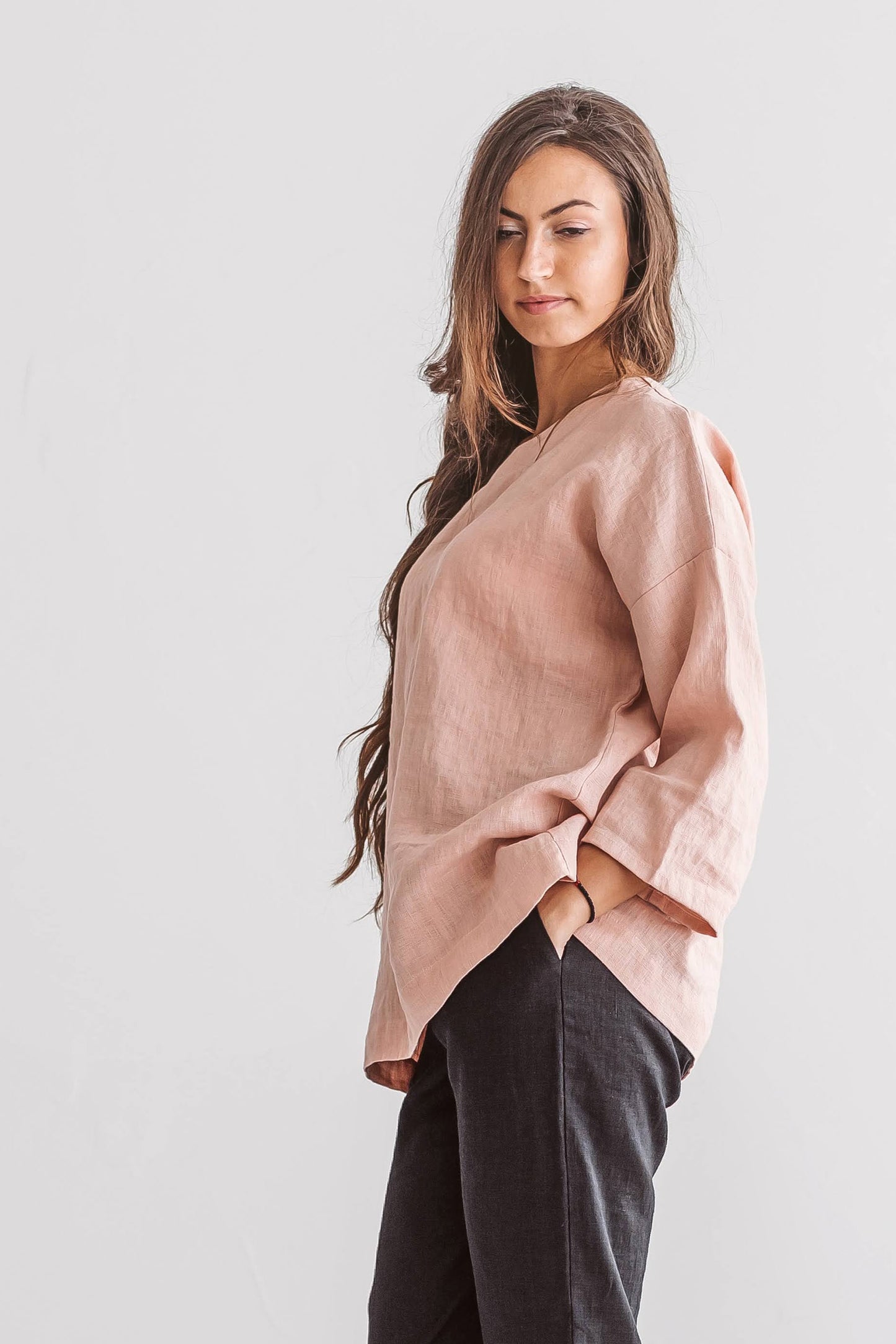 Camilla linen top side studio view classic minimalist fit