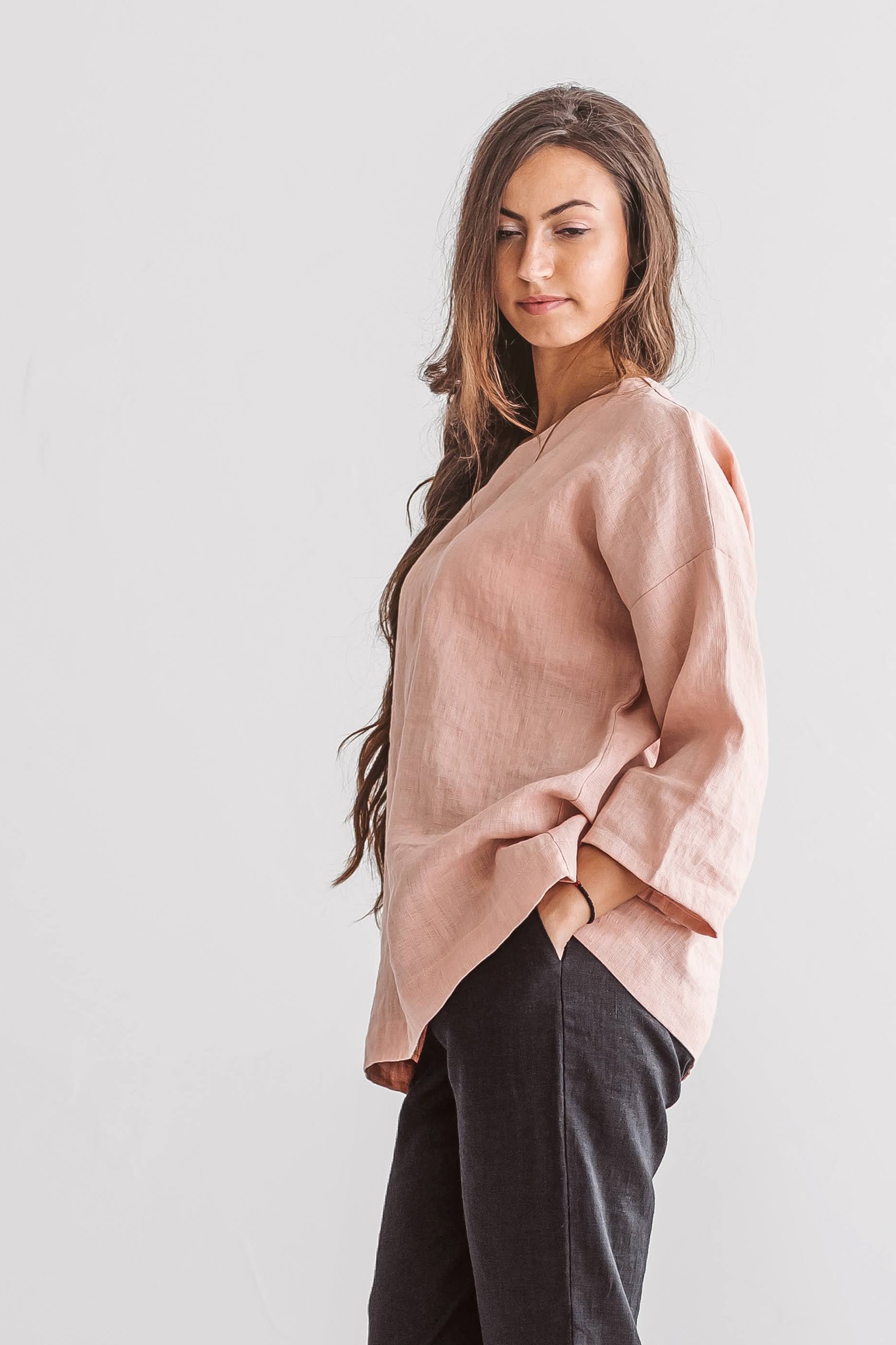 Camilla linen top side studio view classic minimalist fit