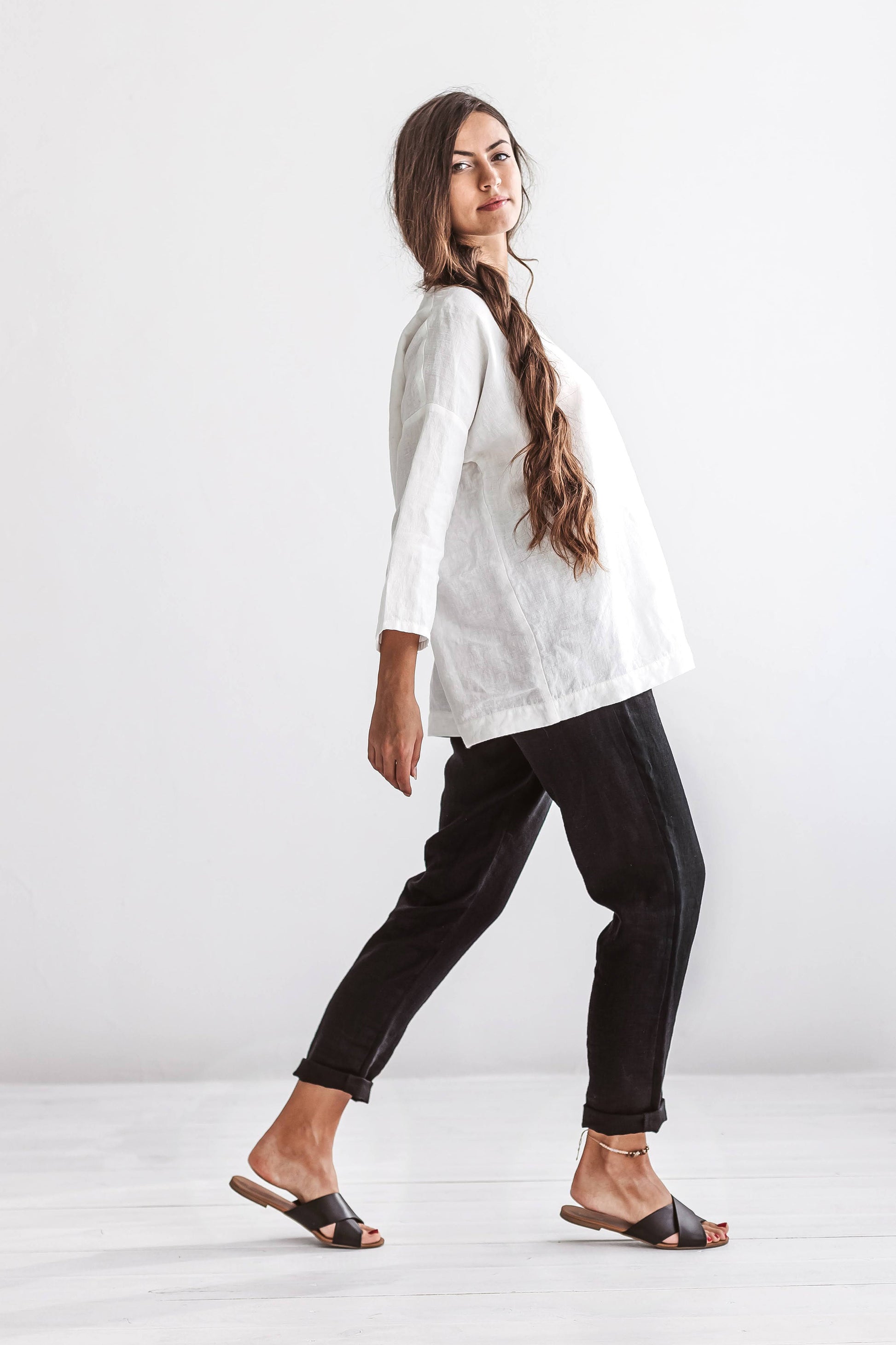 Camilla linen top front full body studio relaxed silhouette