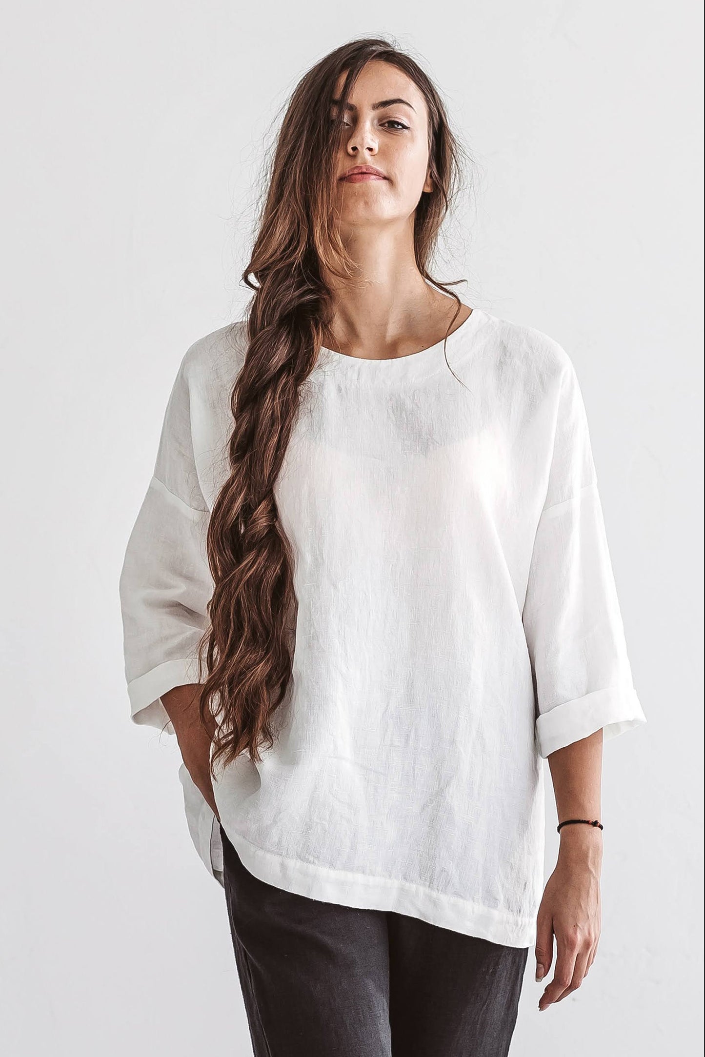 Camilla linen top side view studio natural linen drape