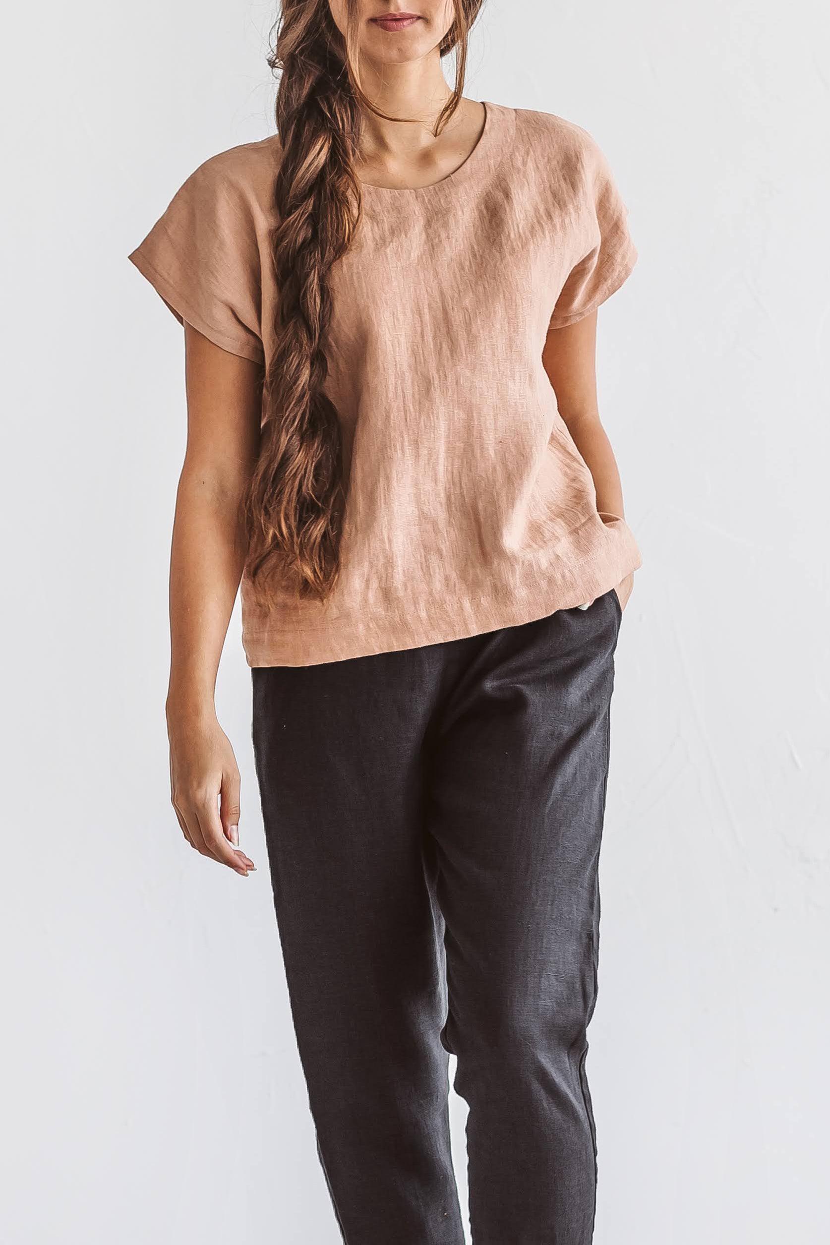 Cindy linen top showing front details handmade linen top slow fashion