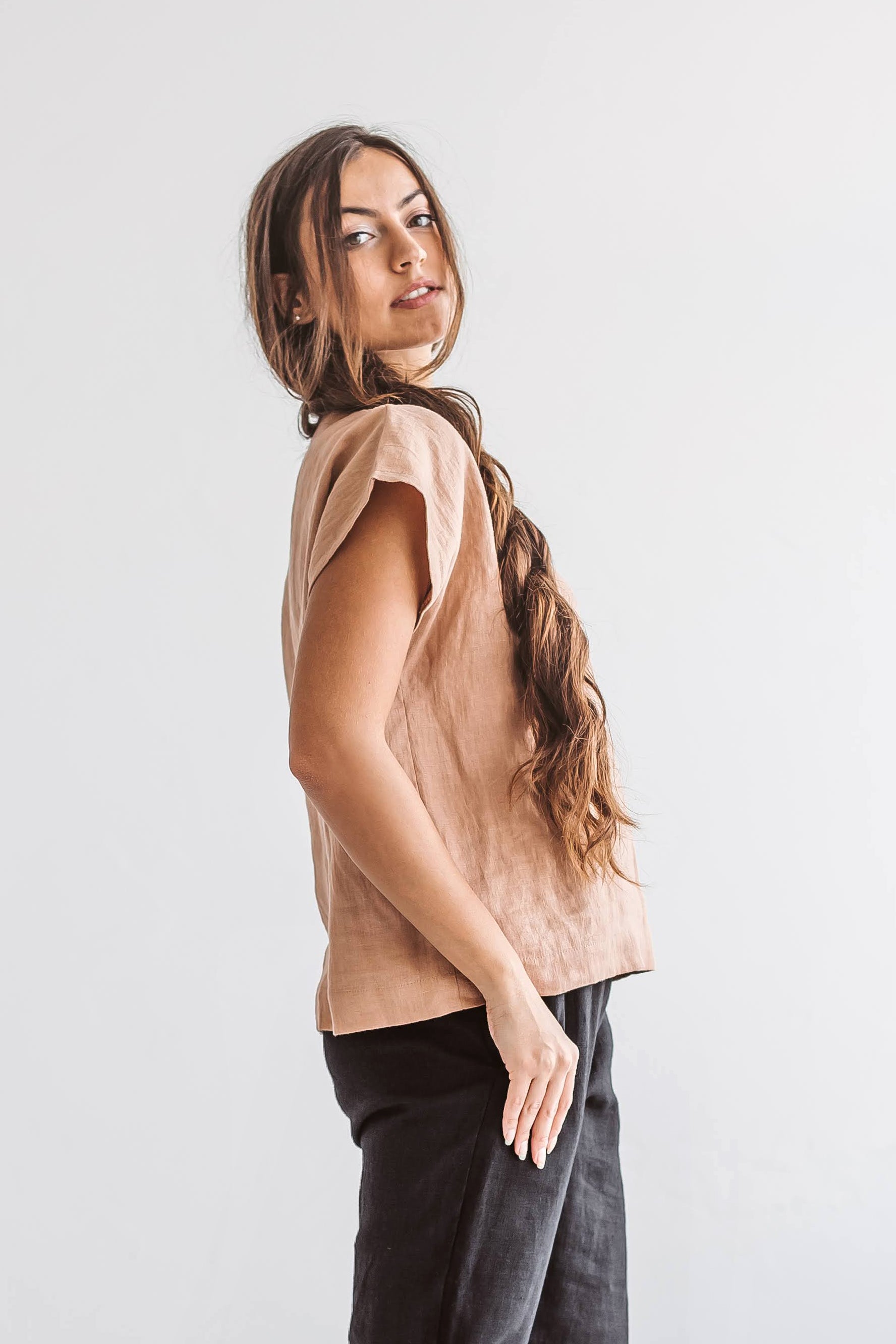 Cindy linen top side view handmade linen top slow fashion