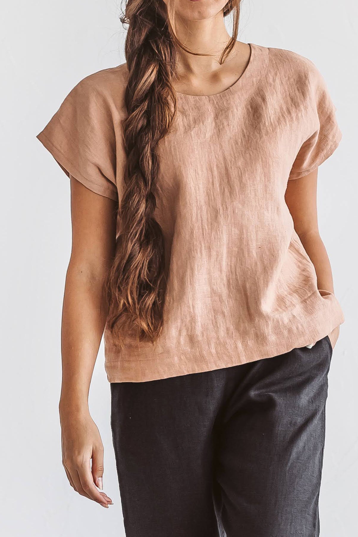 Close-up portrait of the Cindy linen top showing front details handmade linen top slow fashion