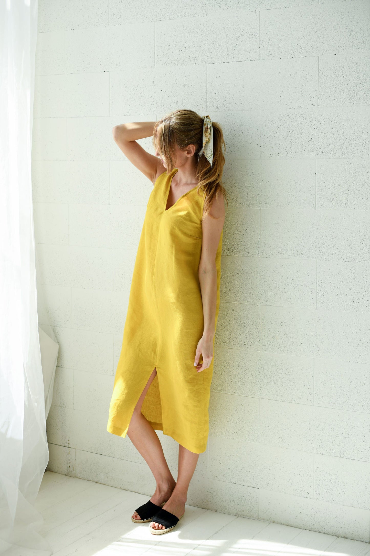 Clara linen midi dress front full body studio view, handmade linen dress, slow fashion