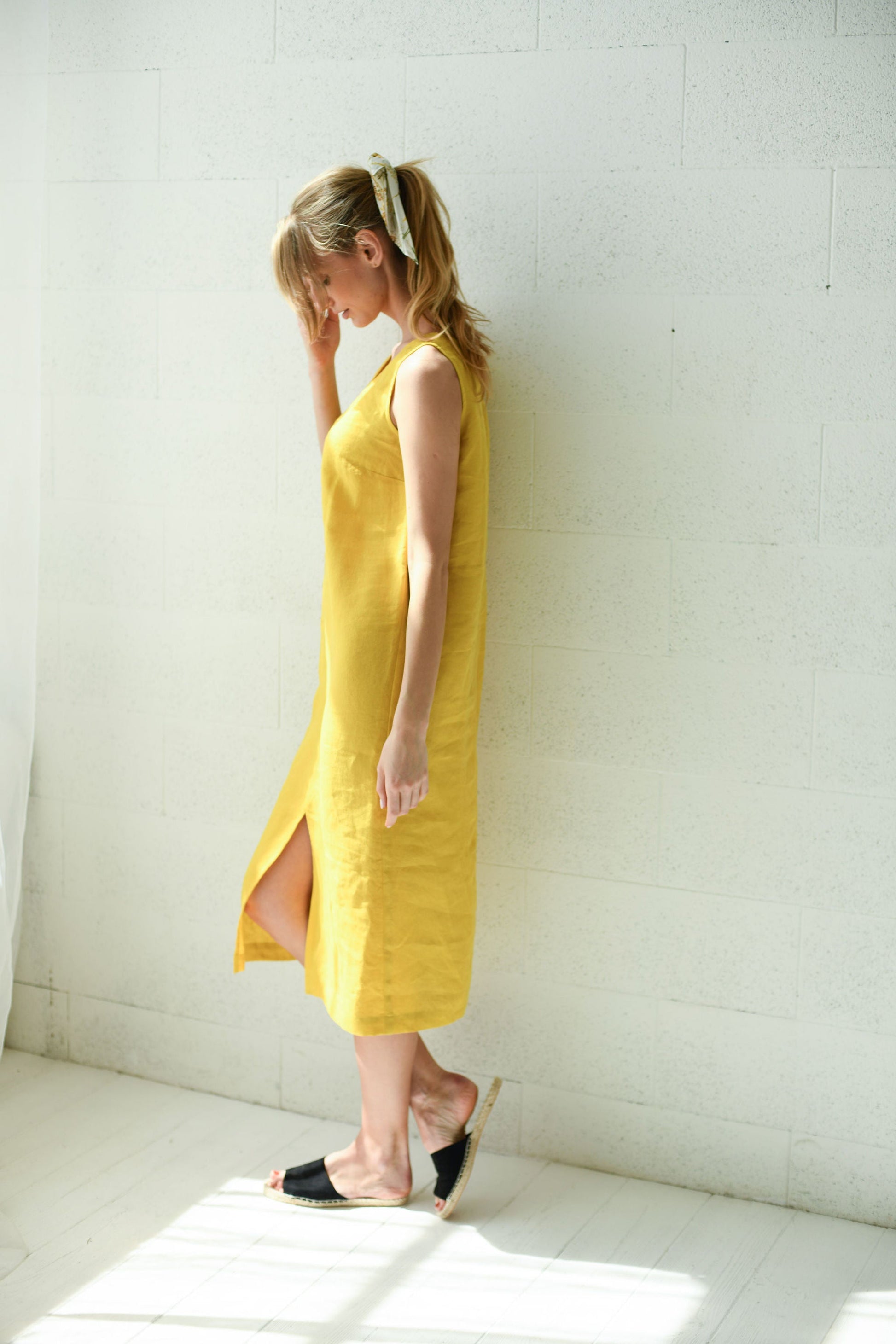 Clara linen midi dress side view studio, handmade linen dress, slow fashion