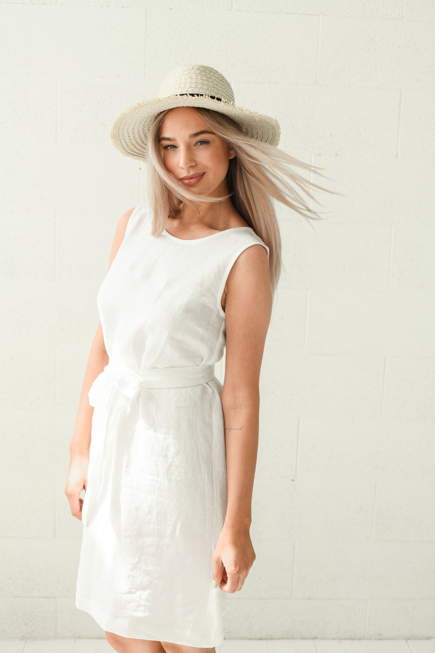 Daniela linen dress front walking view handmade linen dress slow fashion