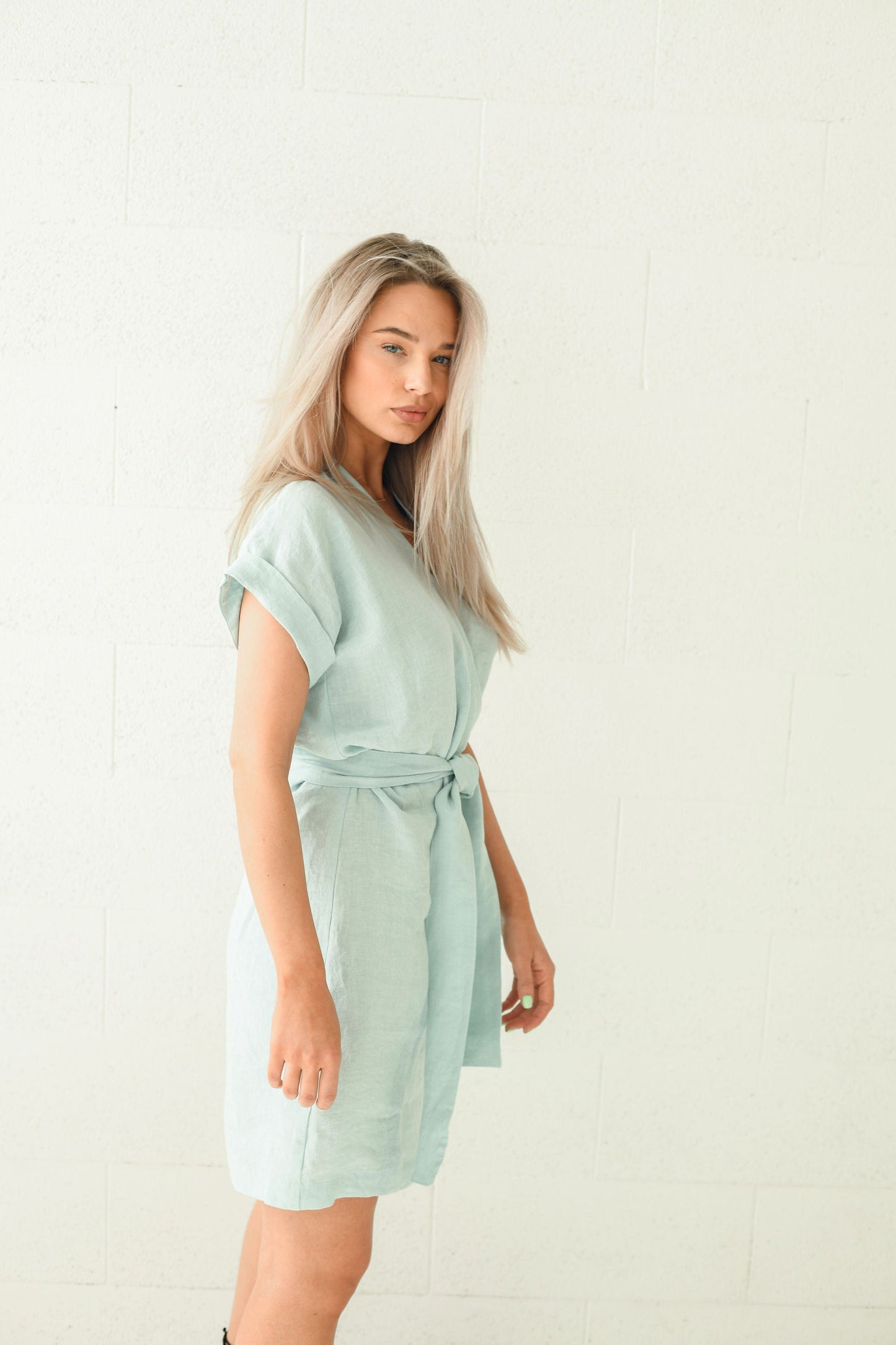Dawn linen dress back view studio minimalist design, handmade linen dress slow fashion