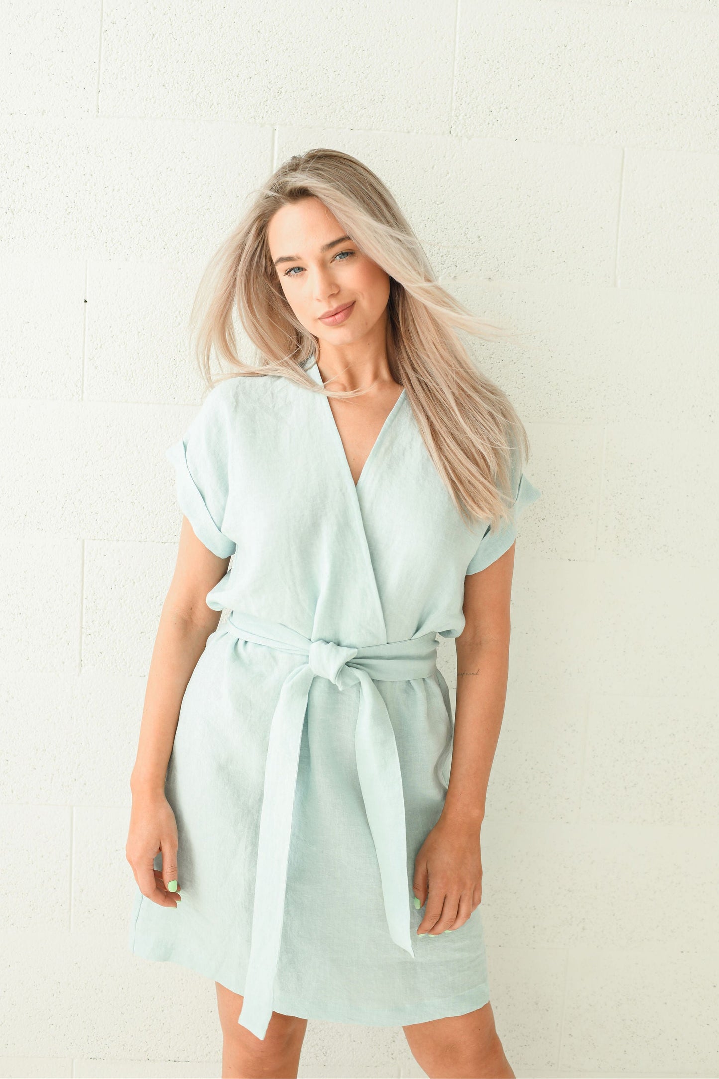 Dawn linen dress side view studio soft drape, handmade linen dress slow fashion