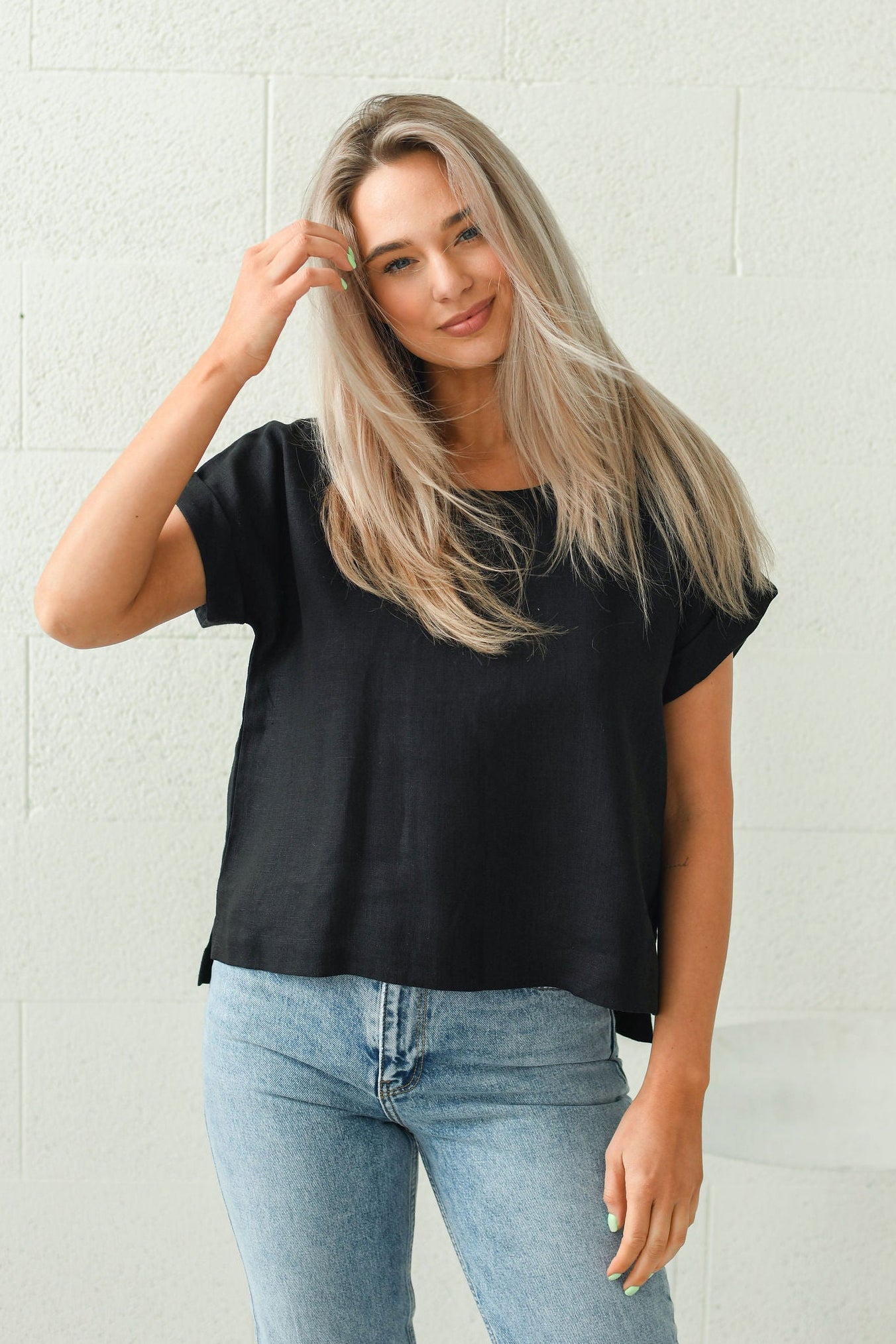 Debra linen top side view handmade linen top slow fashion
