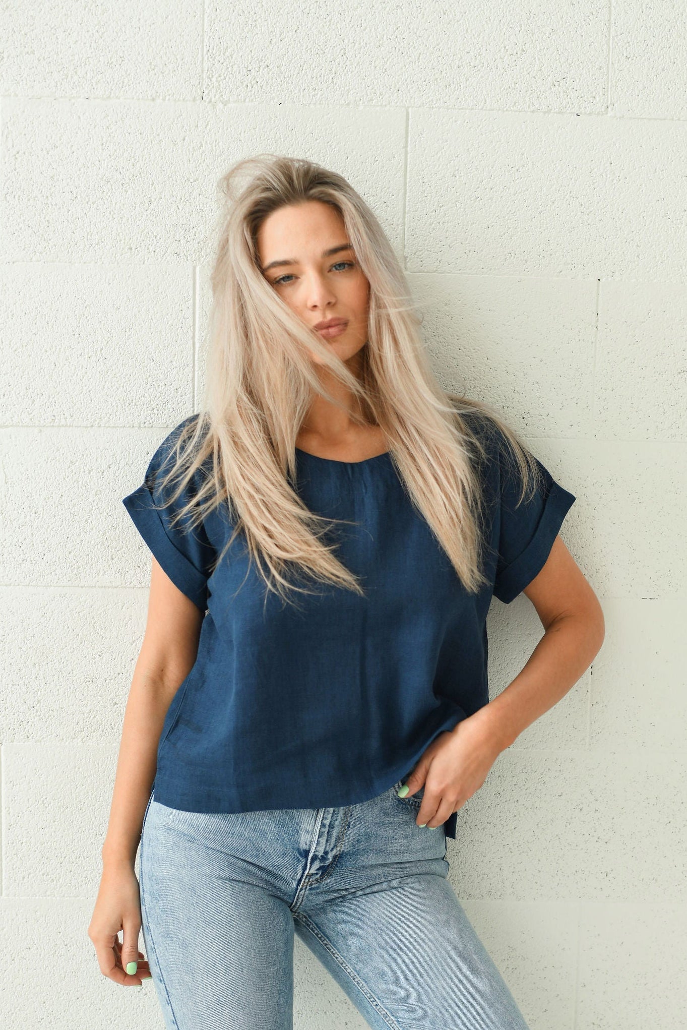 Debra linen top side full view handmade linen top slow fashion