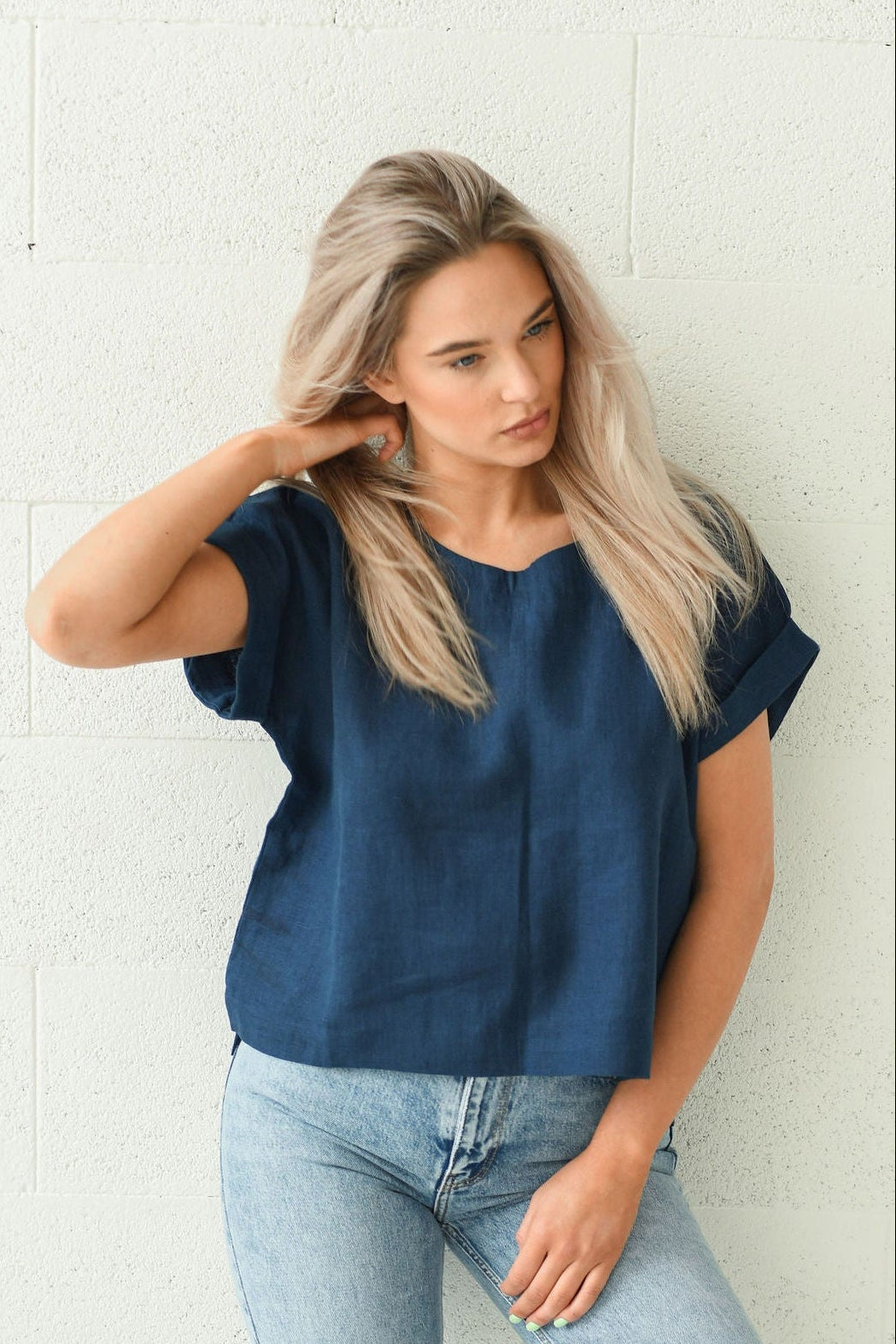 Debra linen top full body turned pose handmade linen top slow fashion