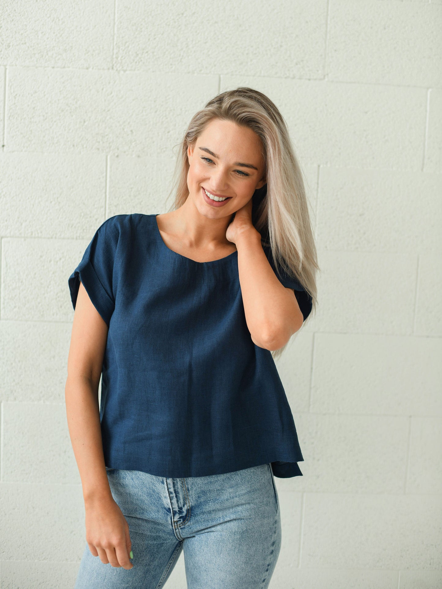 Debra linen top smile closeup handmade linen top slow fashion