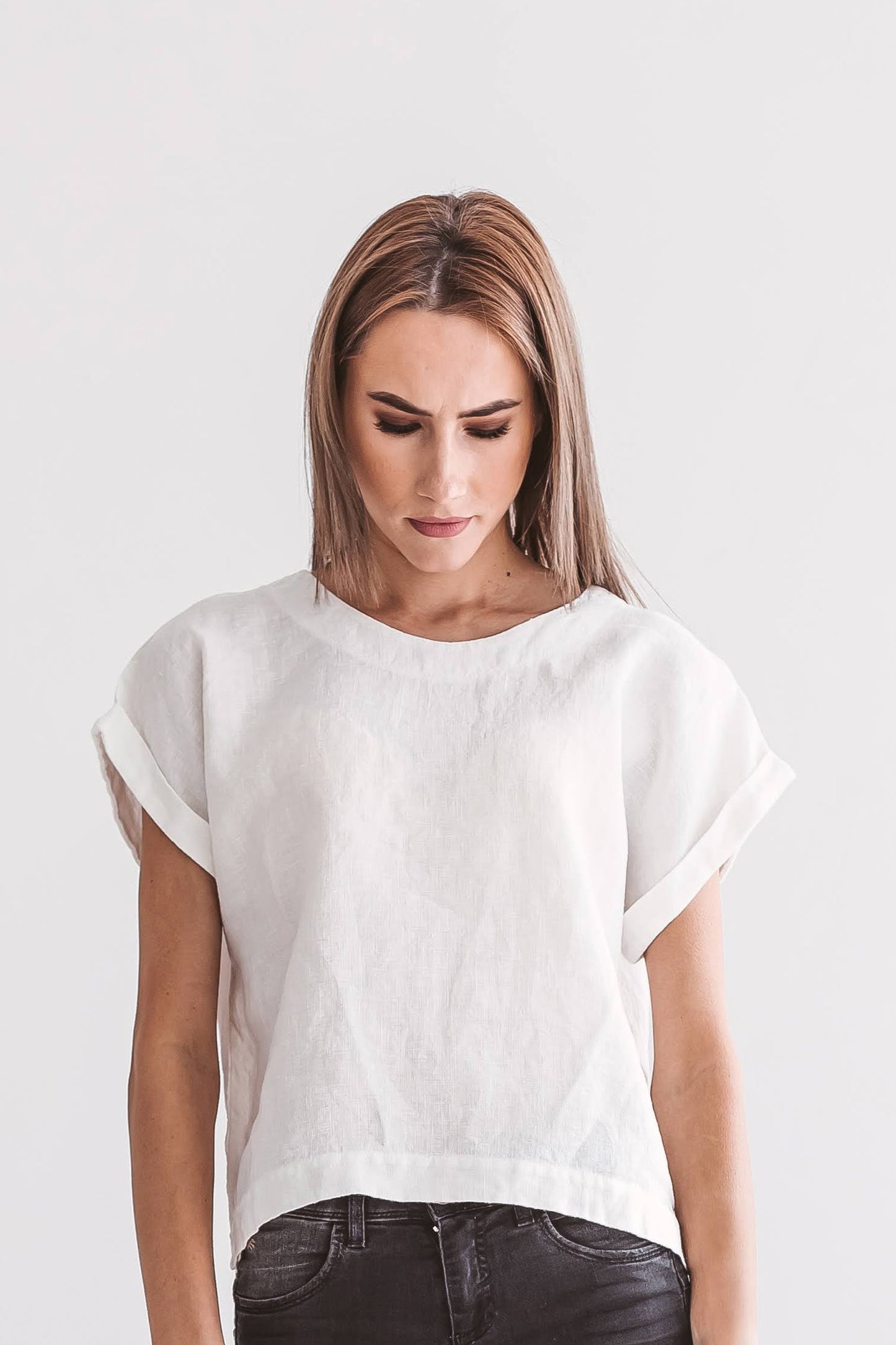 Debra linen top closeup front portrait handmade linen top slow fashion
