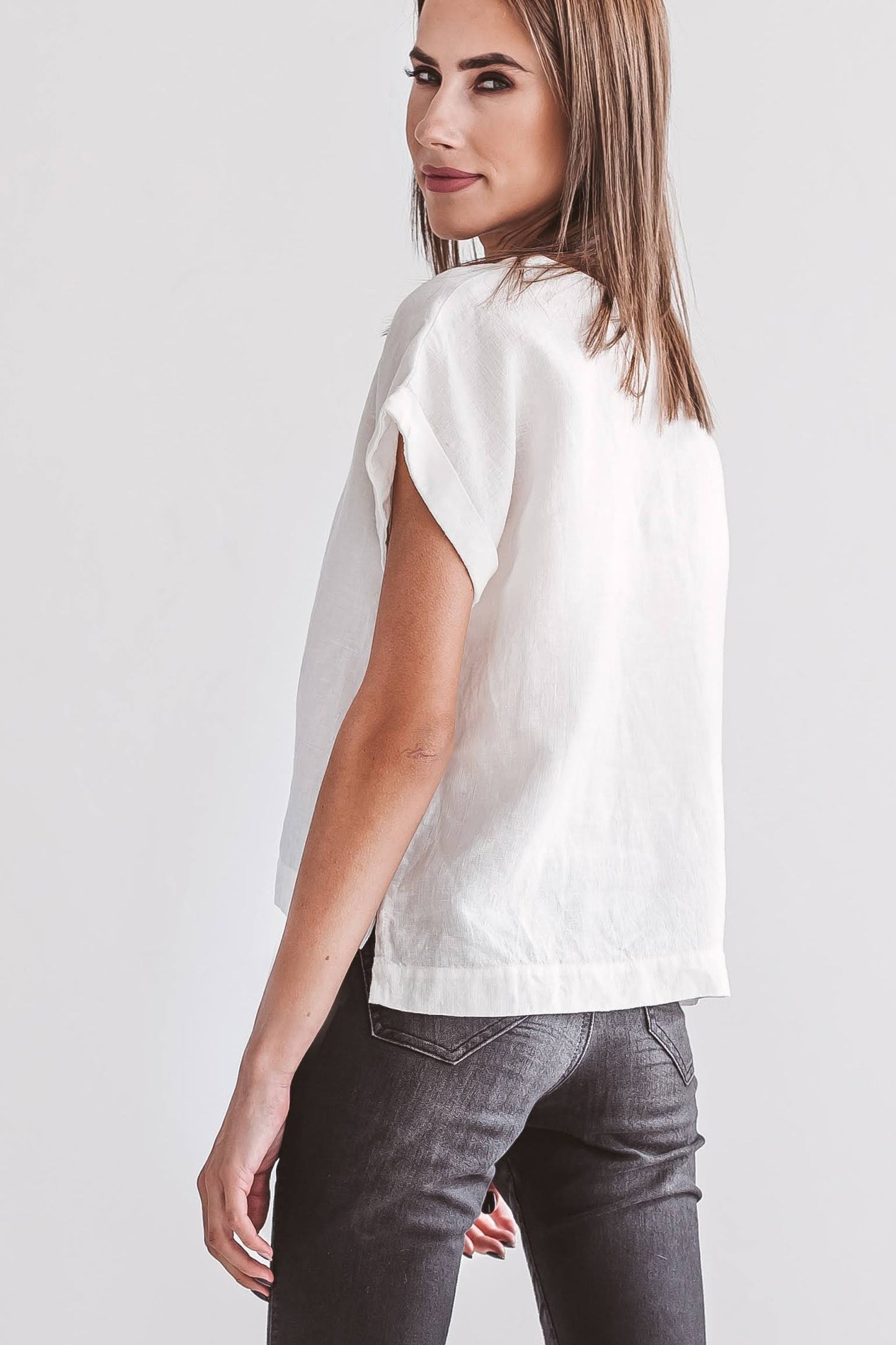 Debra linen top full body turned pose handmade linen top slow fashion