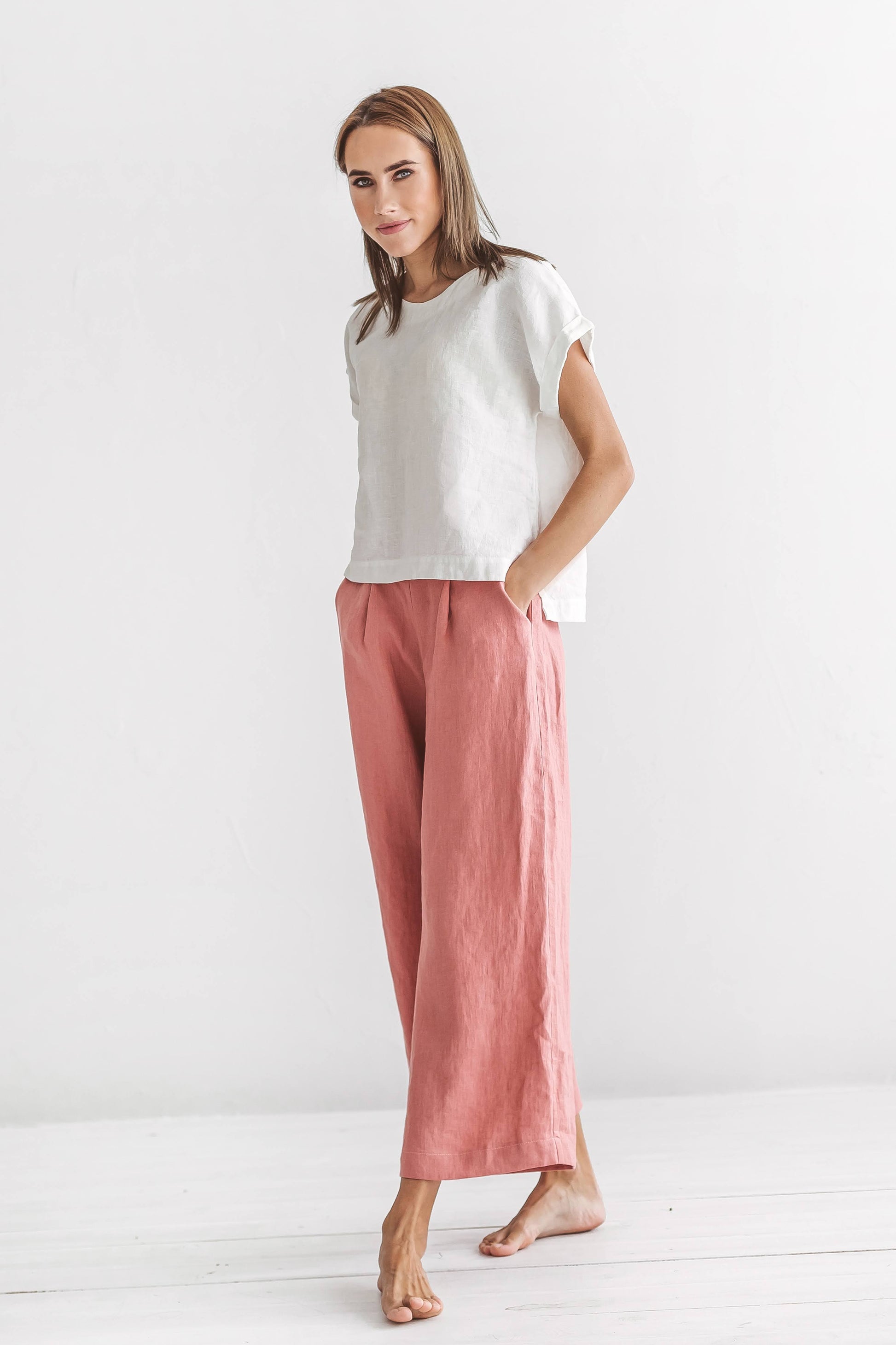 Debra linen top front look with linen pants handmade linen top slow fashion