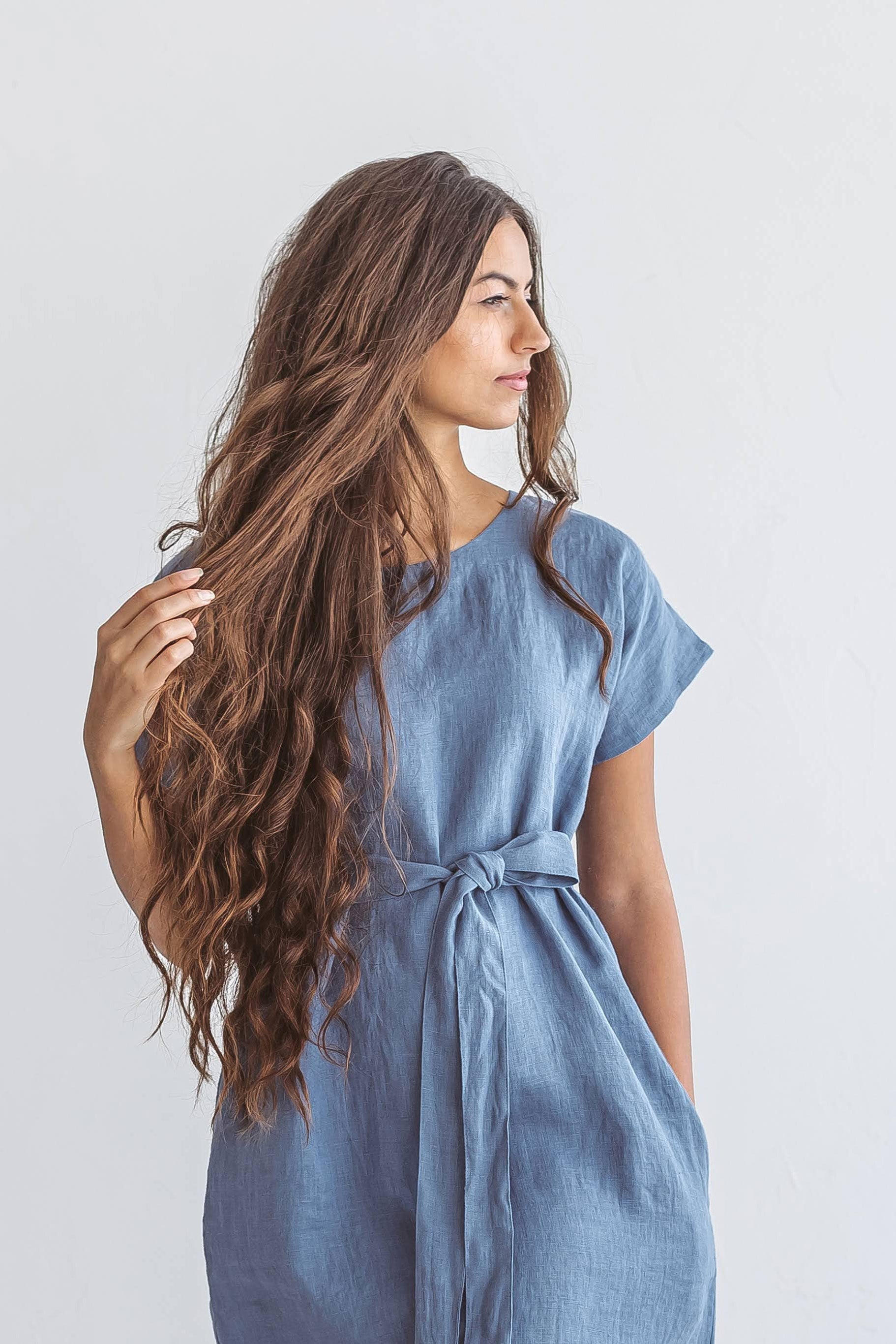 Side view of woman wearing Diane linen dress, handmade linen dress slow fashion