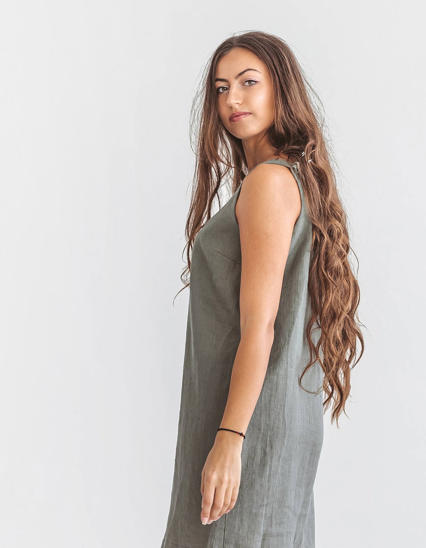 Ella linen dress walking view handmade linen dress slow fashion