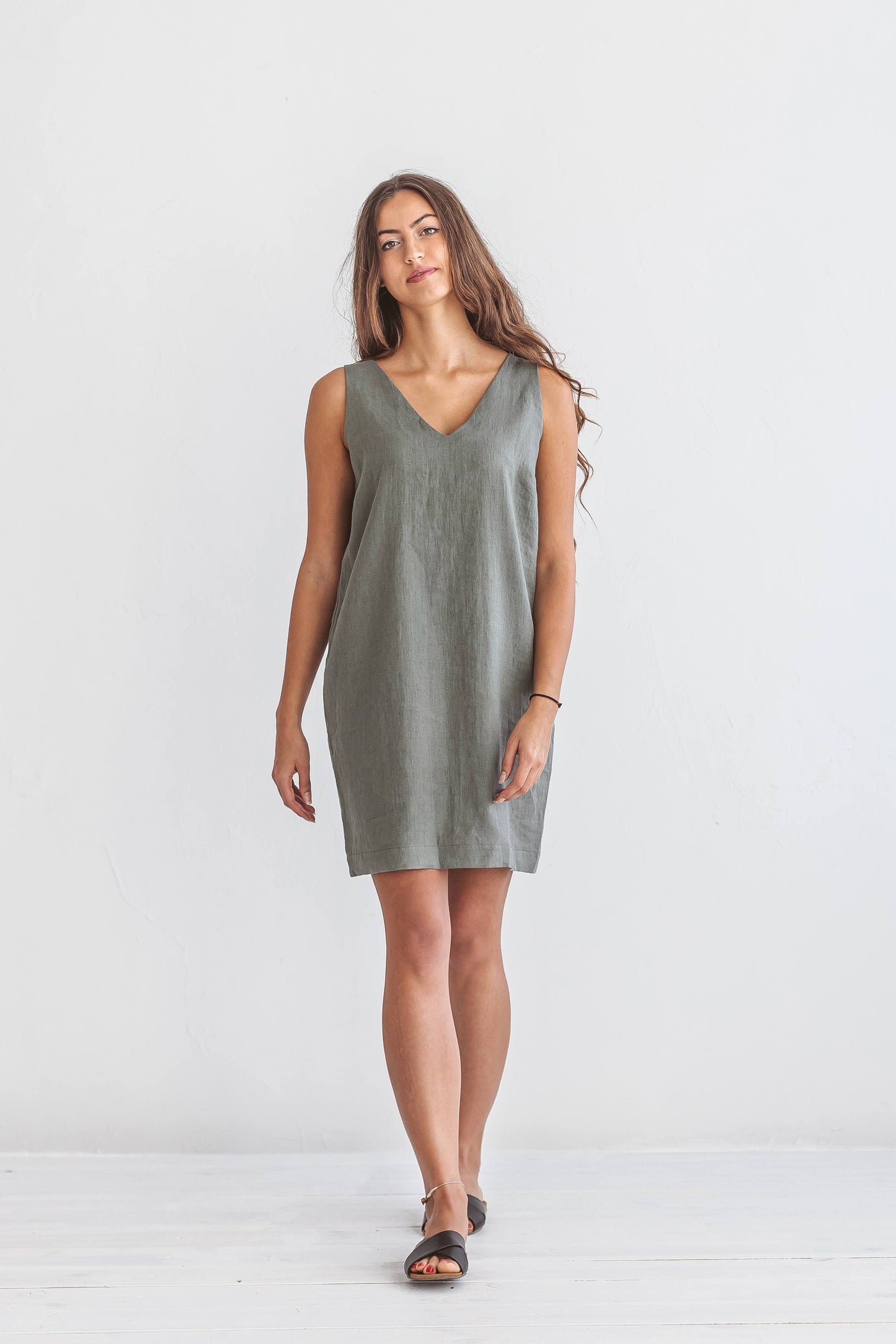 Ella linen dress natural light view handmade linen dress slow fashion
