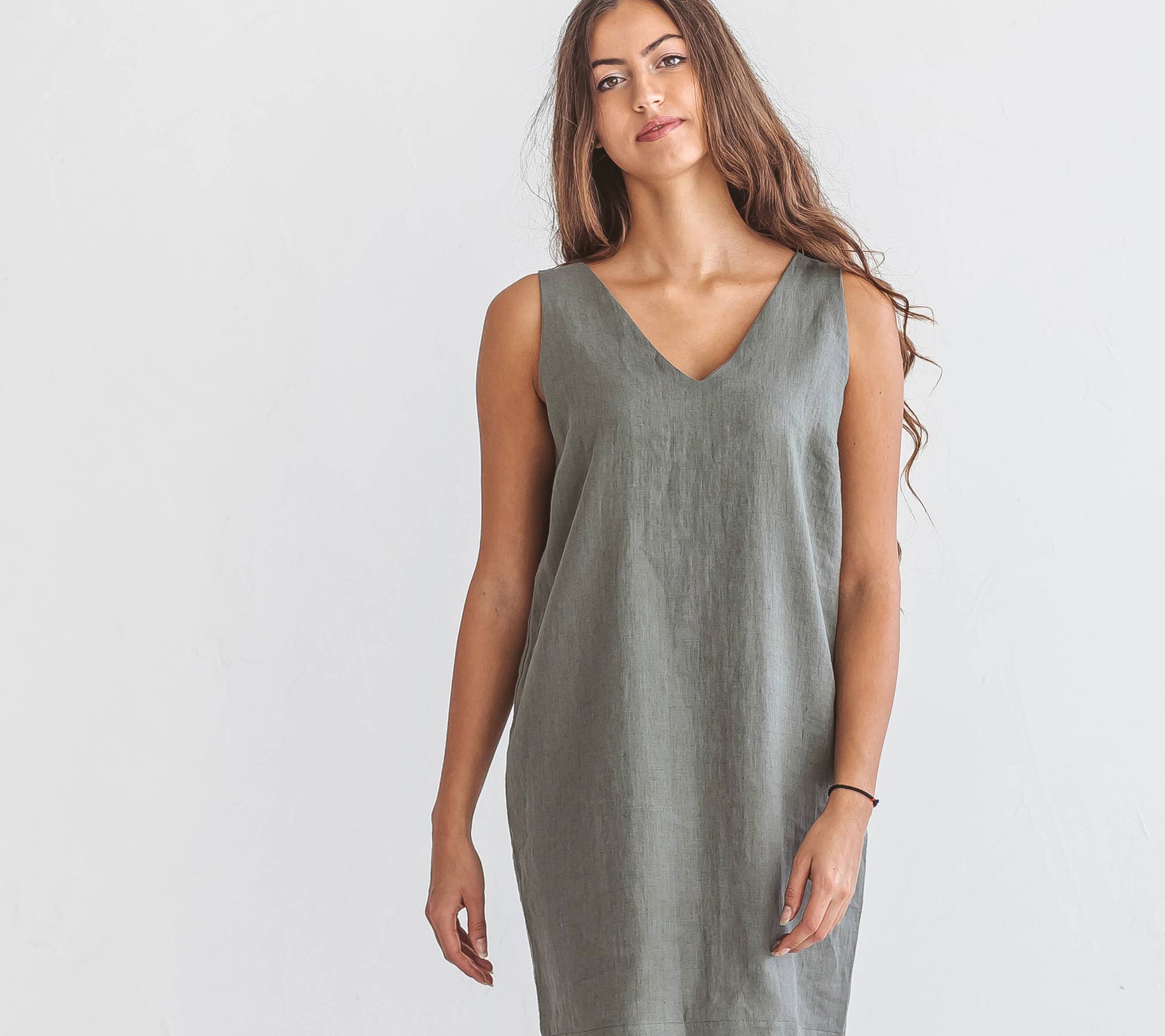 Ella linen dress three quarter view handmade linen dress slow fashion