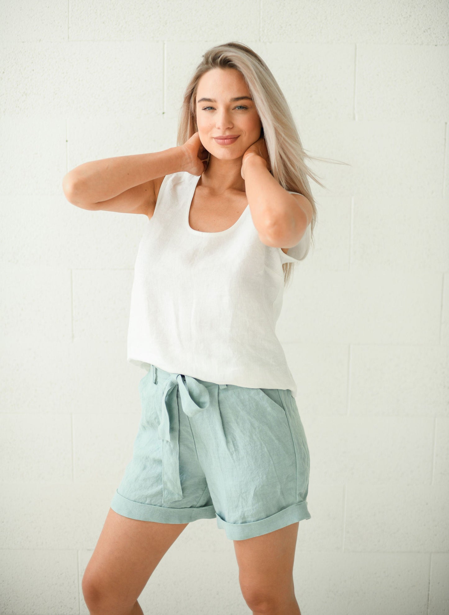 Abigail linen top minimalist summer outfit with linen shorts handmade
