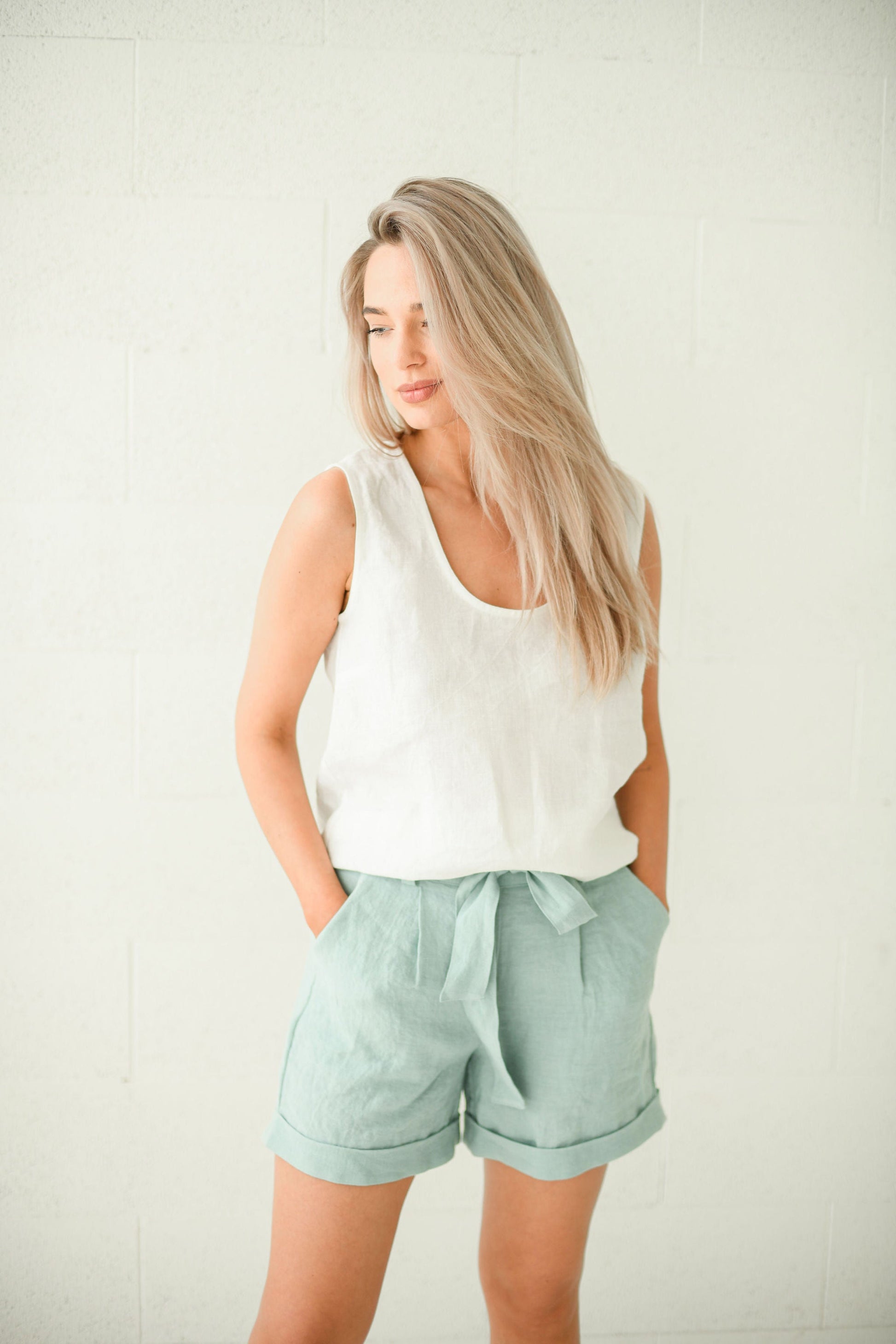 Abigail linen top with mint linen shorts natural outfit