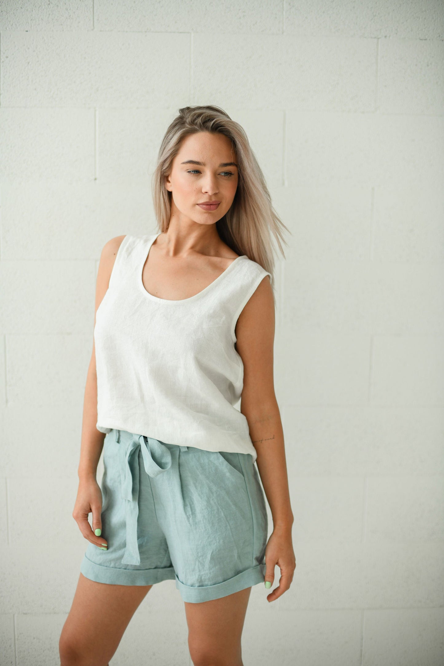 Abigail handmade white linen blouse for women with linen shorts
