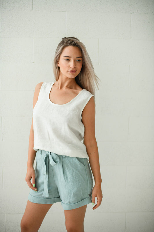 Abigail handmade white linen blouse for women with linen shorts