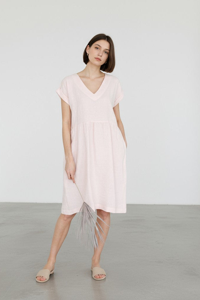 Alice linen dress – full front view, dusty rose color