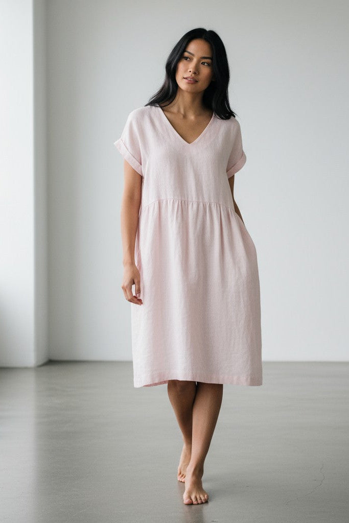 Alice linen dress – walking pose, dusty rose midi dress