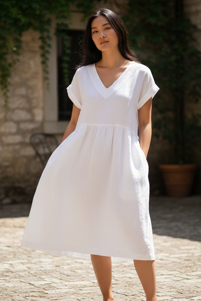 Alice linen dress – full front view, pastel pink midi dress