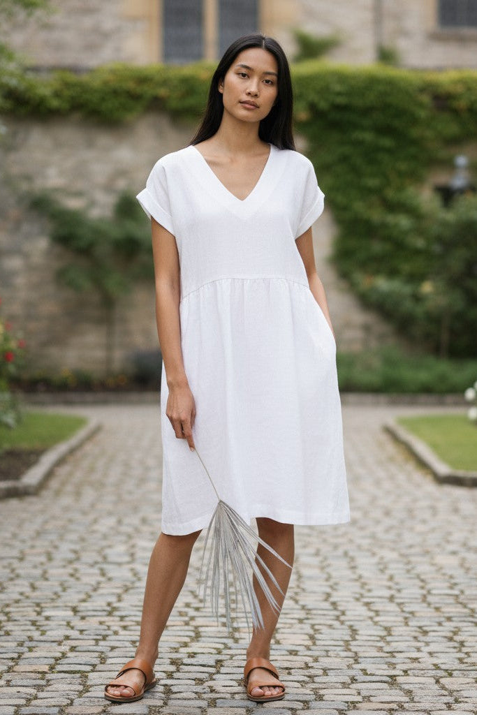 Alice linen dress – standing pose, midi length