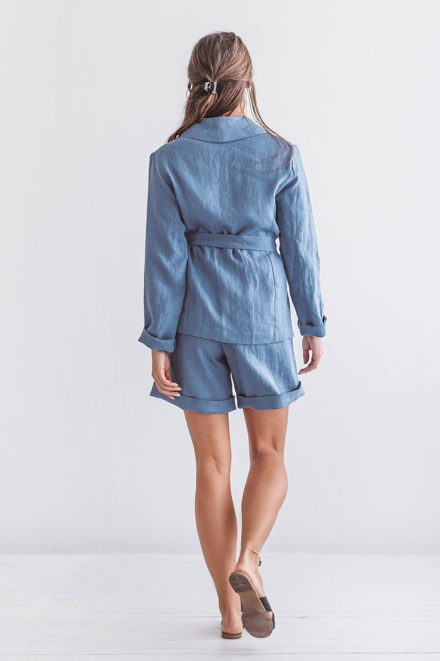 AMBER linen jacket blue back close view handmade linen jacket slow fashion