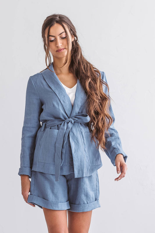 AMBER linen jacket blue front view handmade linen jacket slow fashion
