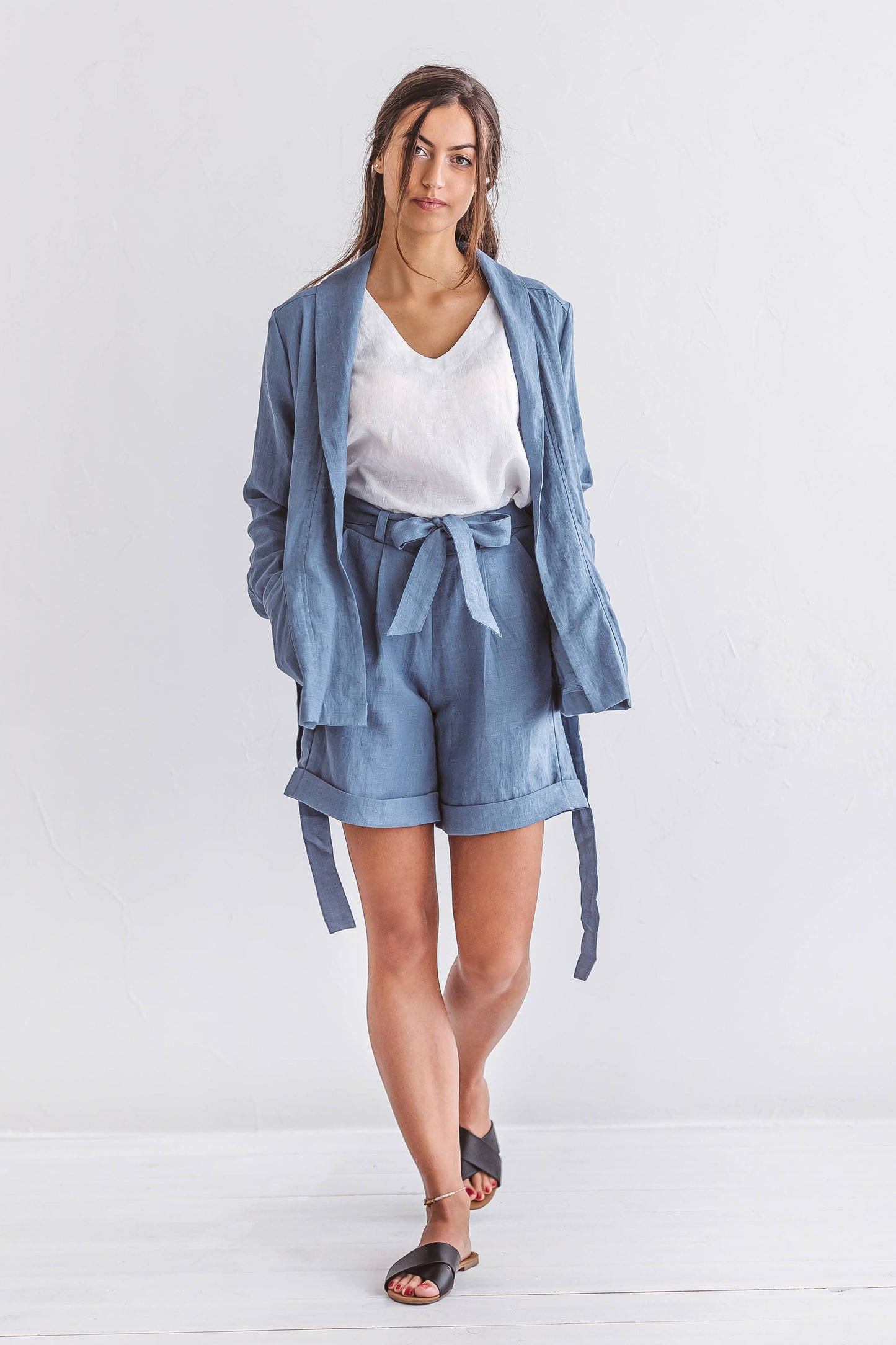 AMBER linen jacket blue set with shorts front view handmade linen jacket slow fashion
